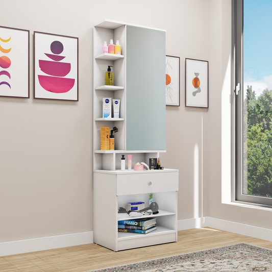 Dressing Table with Mirror Door | Door | Drawer & Open Shelves Dressing Table VIKI FURNITURE Frosty White