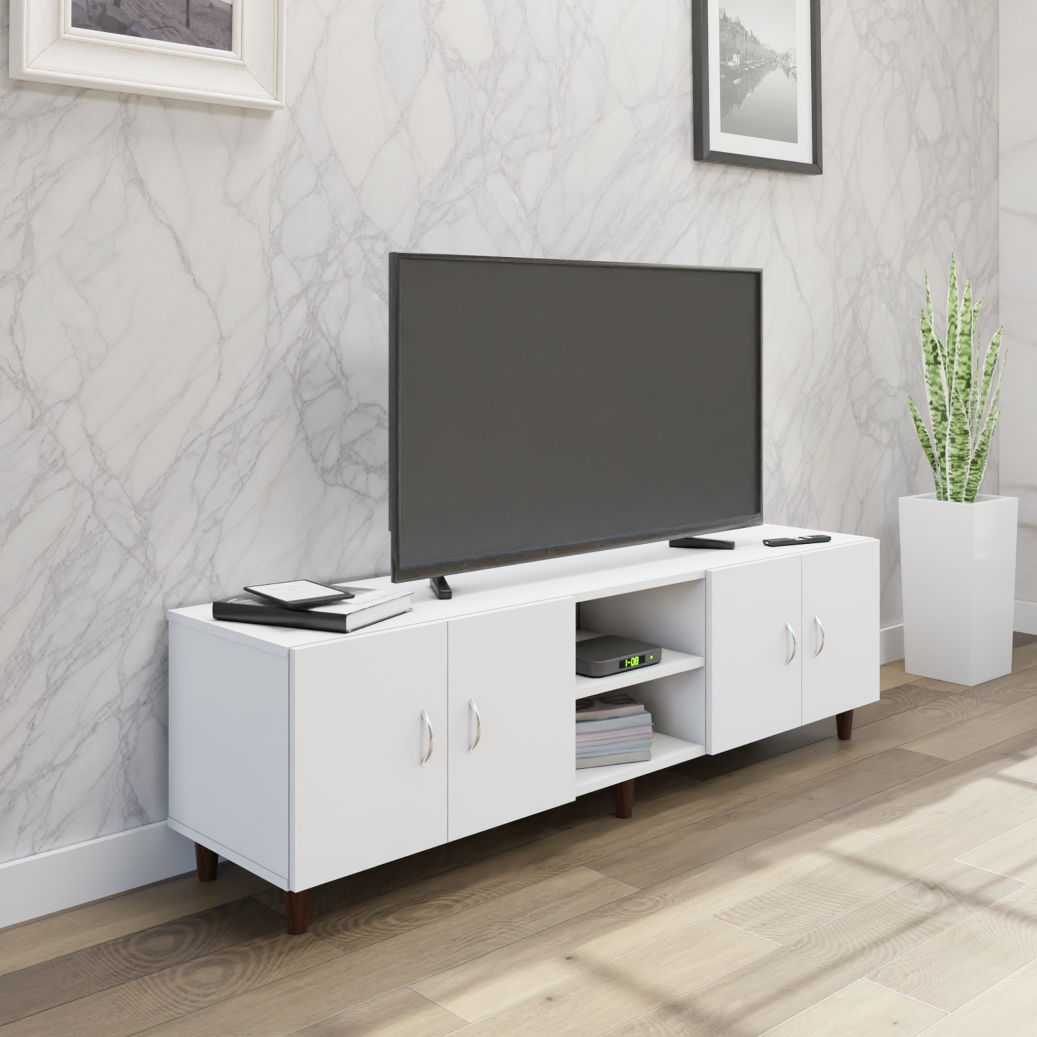 TV unit | 4 Doors, Open Shelves | Single Color TV & Entertainment Unit VIKI FURNITURE White