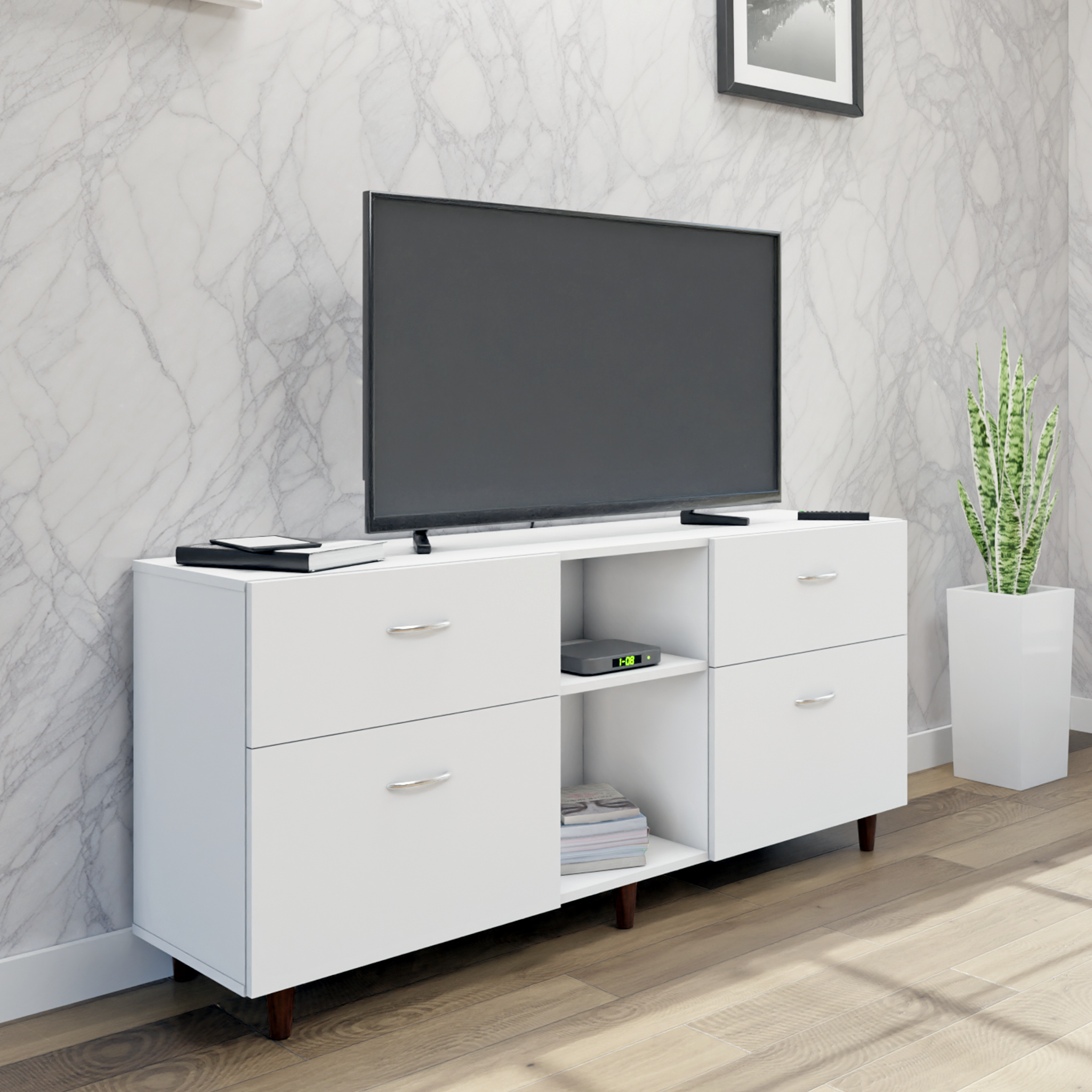 TV unit | 4 Drawers, Open Shelves | Single Color TV & Entertainment Unit VIKI FURNITURE White