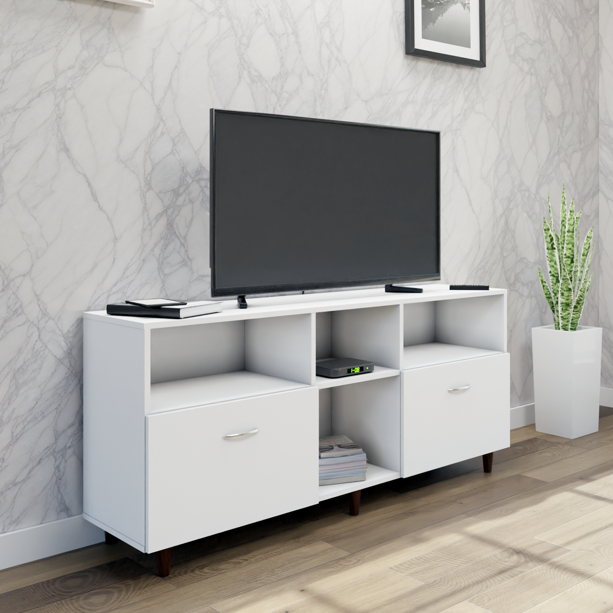 TV unit | 2 Drawers, Shelf & Open Shelves | Single Color TV & Entertainment Unit VIKI FURNITURE White