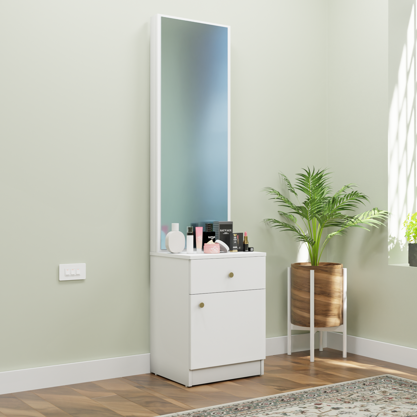 Dressing Table with Mirror Door | Door | Drawer & Open Shelves Dressing Table VIKI FURNITURE Frosty White
