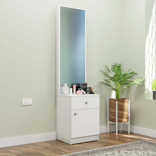 Dressing Table with Mirror Door | Door | Drawer & Open Shelves Dressing Table VIKI FURNITURE Frosty White