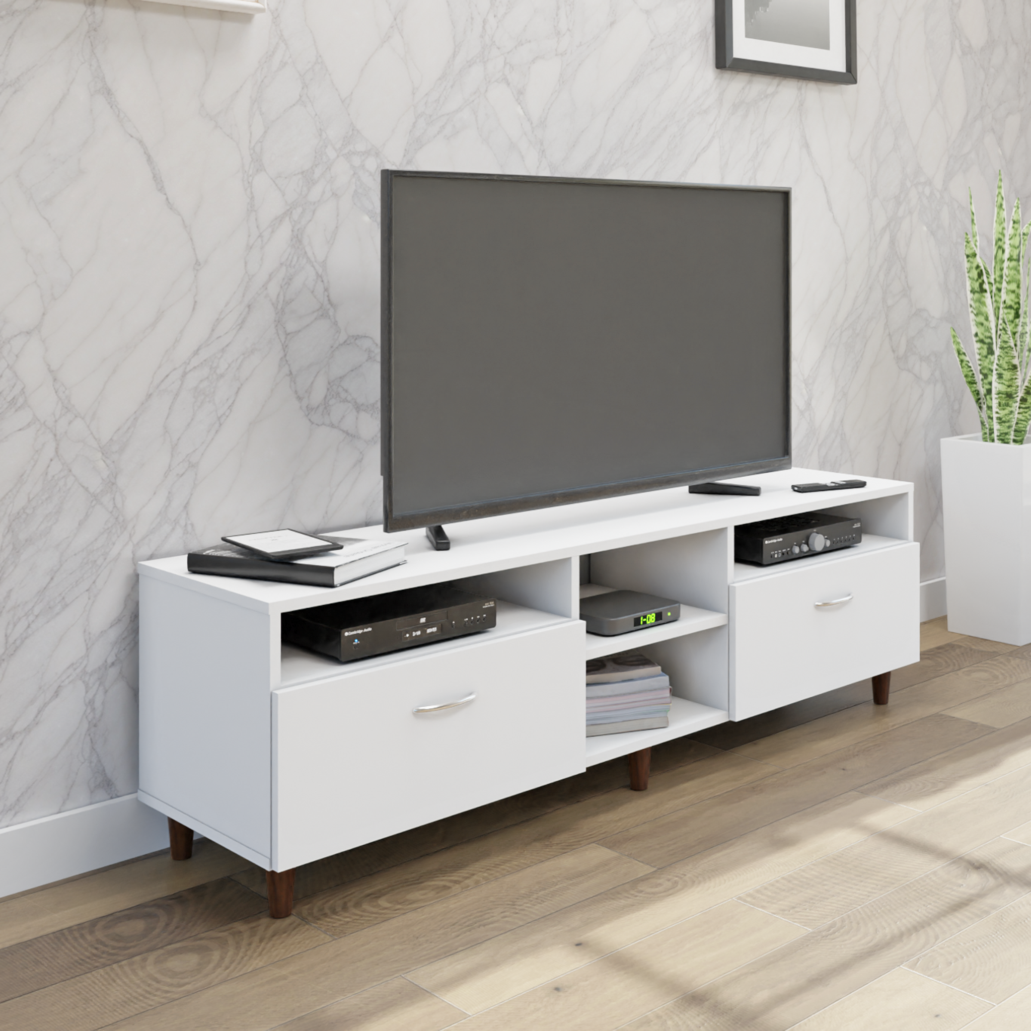 TV Unit | 2 Drawers, Open Shelves | Single Color TV & Entertainment Unit VIKI FURNITURE White
