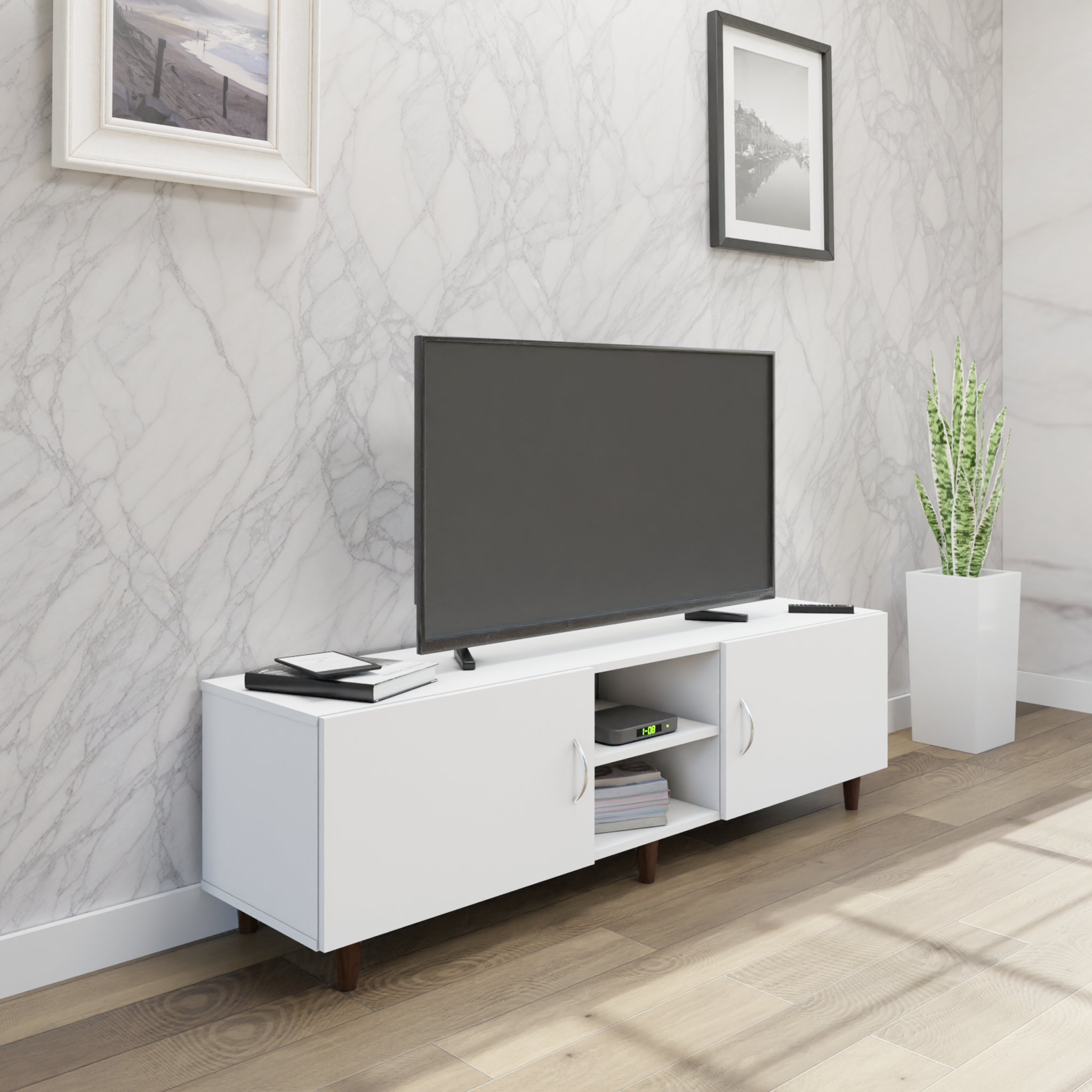 TV Unit | 2 Doors, Open Shelves | Single Color TV & Entertainment Unit VIKI FURNITURE White