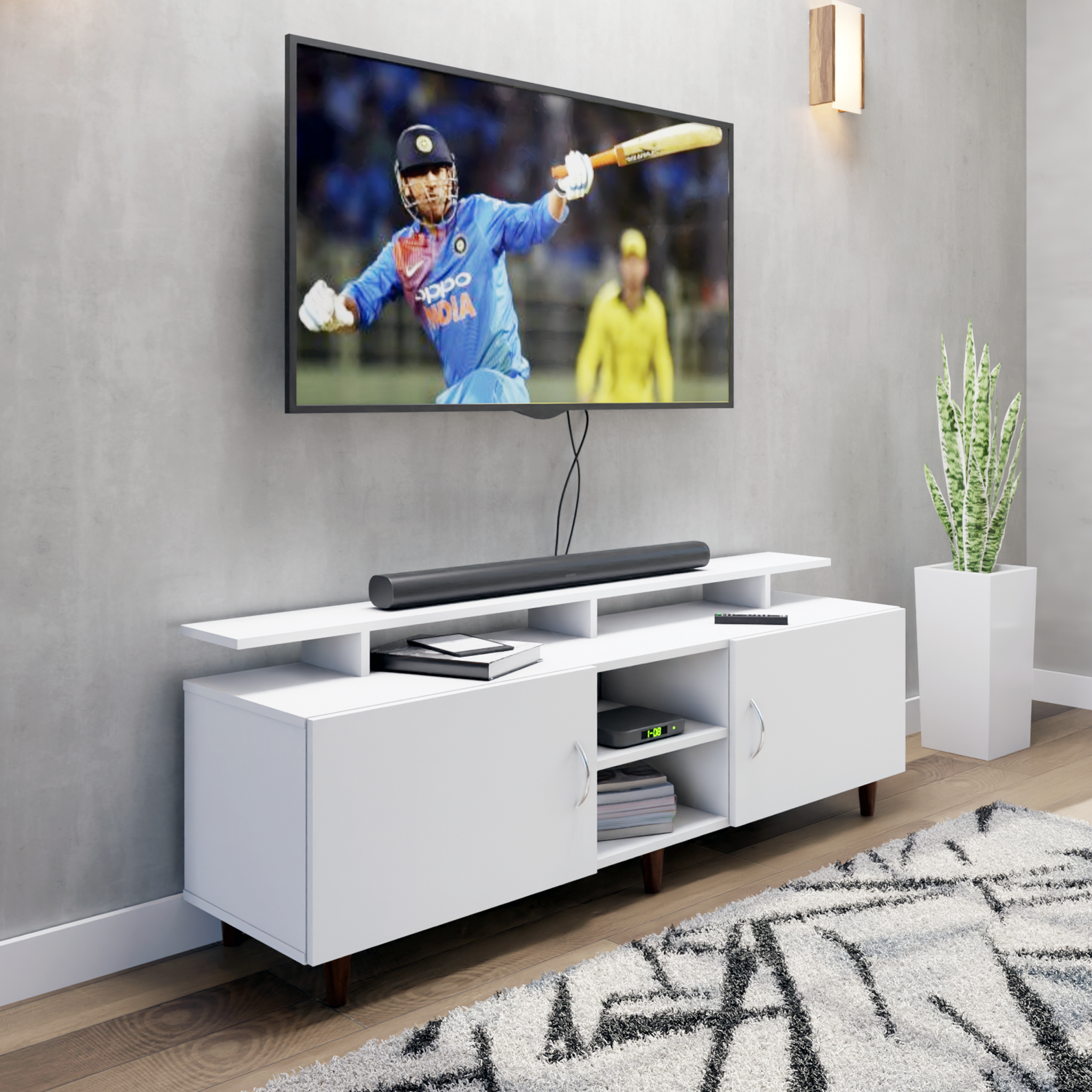 TV unit | 2 Doors, Open Shelves & Extension | Single Color TV & Entertainment Unit VIKI FURNITURE White