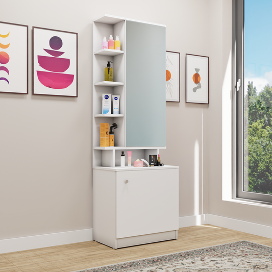 Dressing Table with Mirror Door | Drawer & Open Shelves Dressing Table VIKI FURNITURE Frosty White