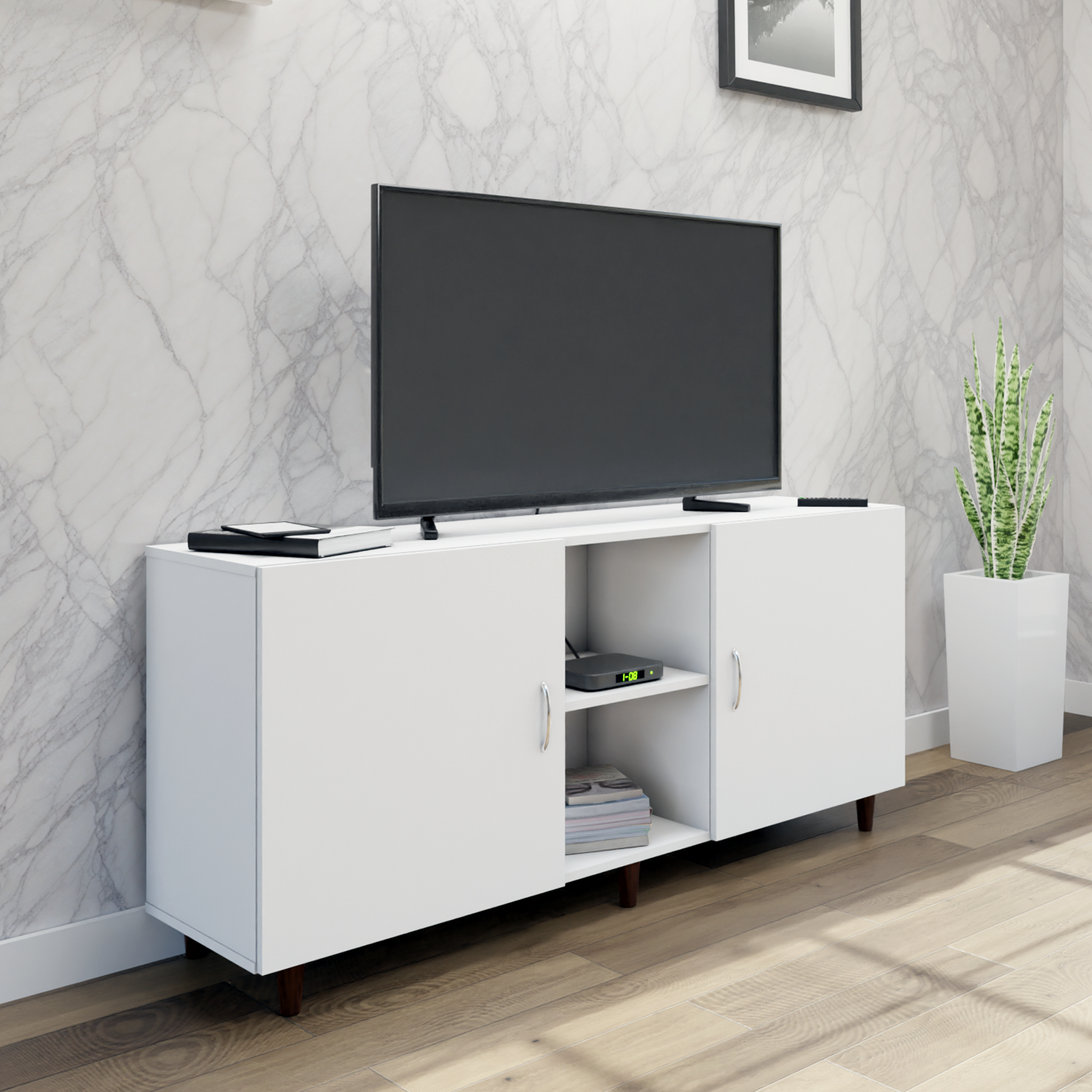 TV Unit | 2 Doors, Open Shelves | Single Color TV & Entertainment Unit VIKI FURNITURE White