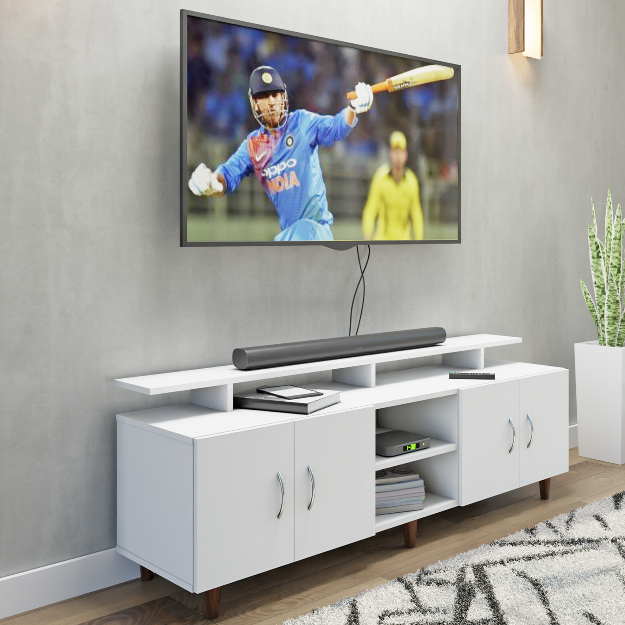 TV unit | 4 Doors, Open Shelves & Extension | Single Color TV & Entertainment Unit VIKI FURNITURE White