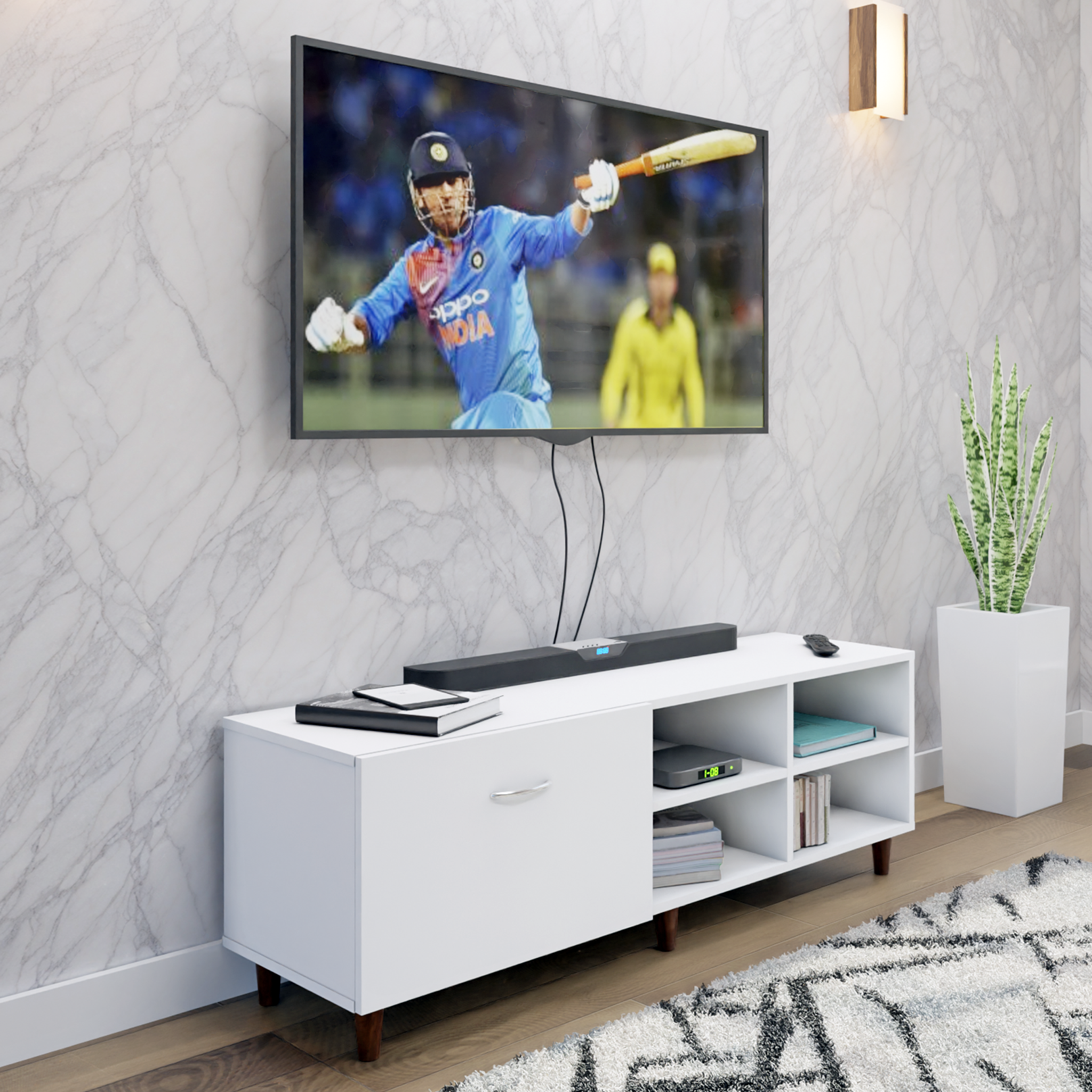 TV Unit | 1 Drawer, Open Shelves | Single Color TV & Entertainment Unit VIKI FURNITURE White