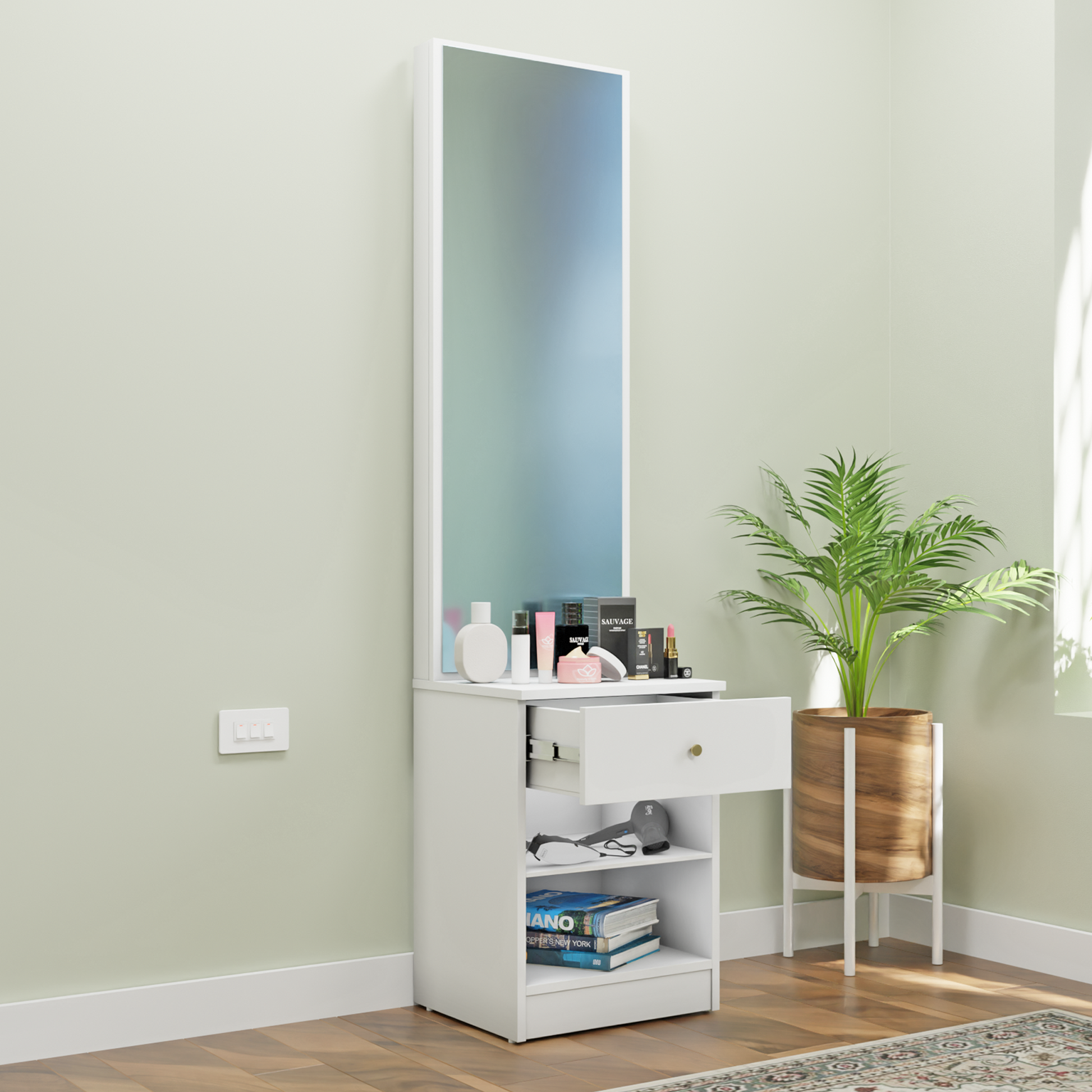 Dressing Table with Mirror Door | Drawer & Open Shelves Dressing Table VIKI FURNITURE