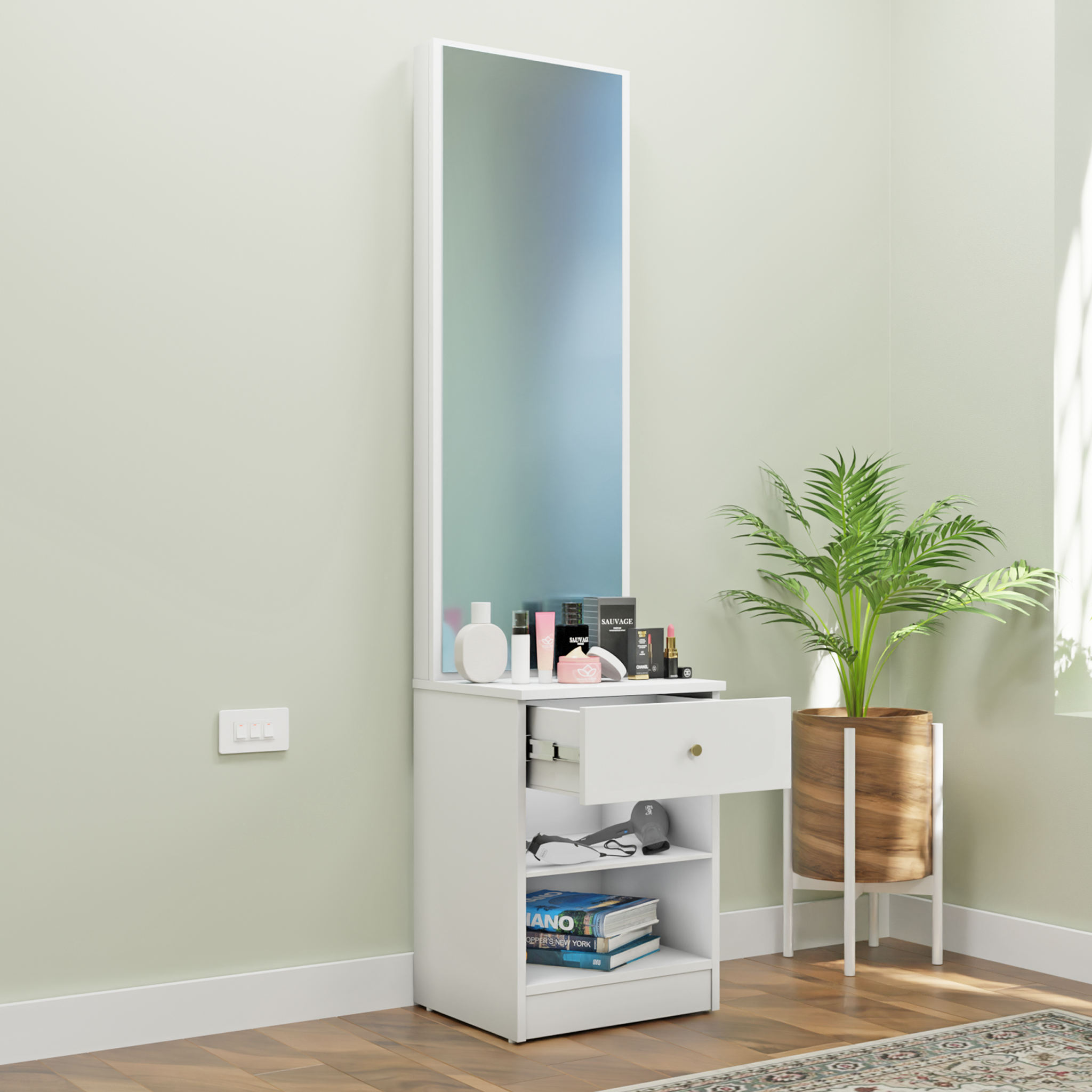 Dressing Table with Mirror Door | Drawer & Open Shelves Dressing Table VIKI FURNITURE