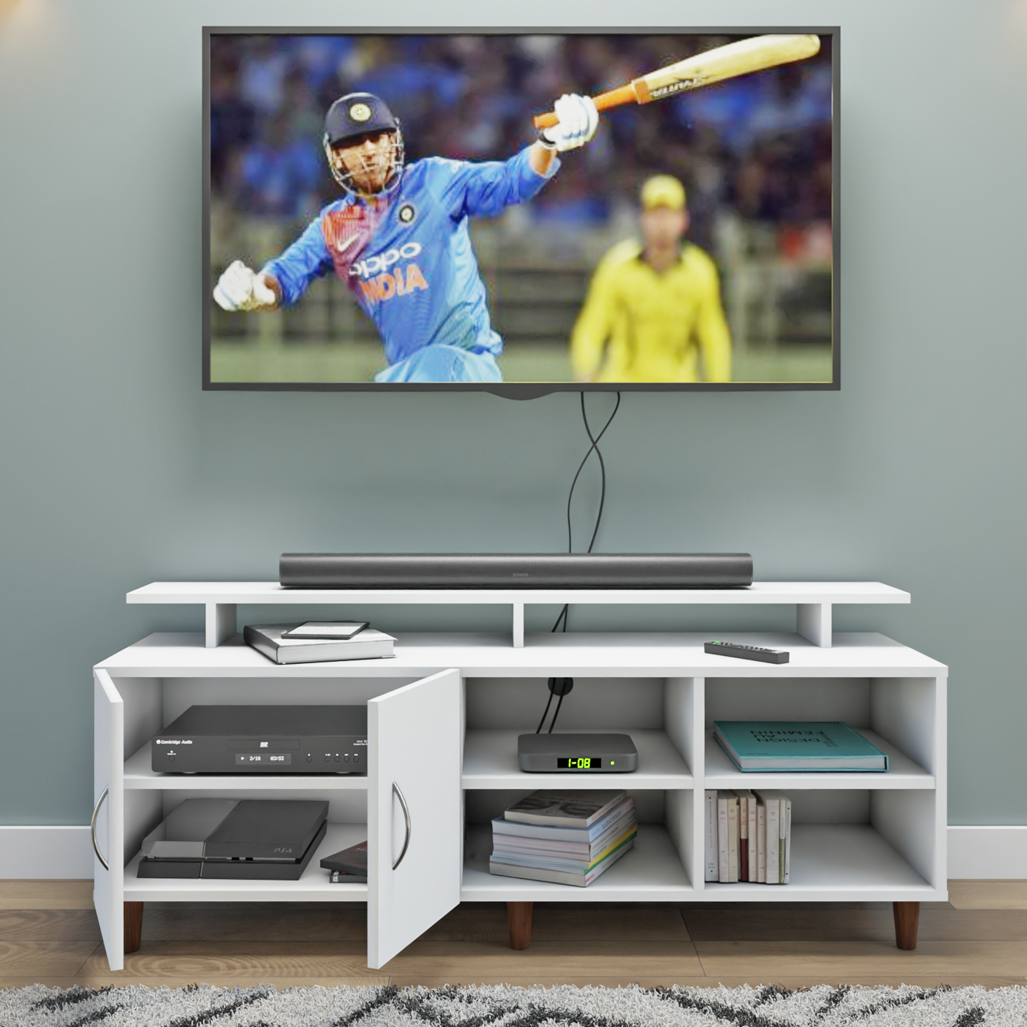 TV Unit | 2 Door, Open Shelves & Extension | Single Color TV & Entertainment Unit VIKI FURNITURE