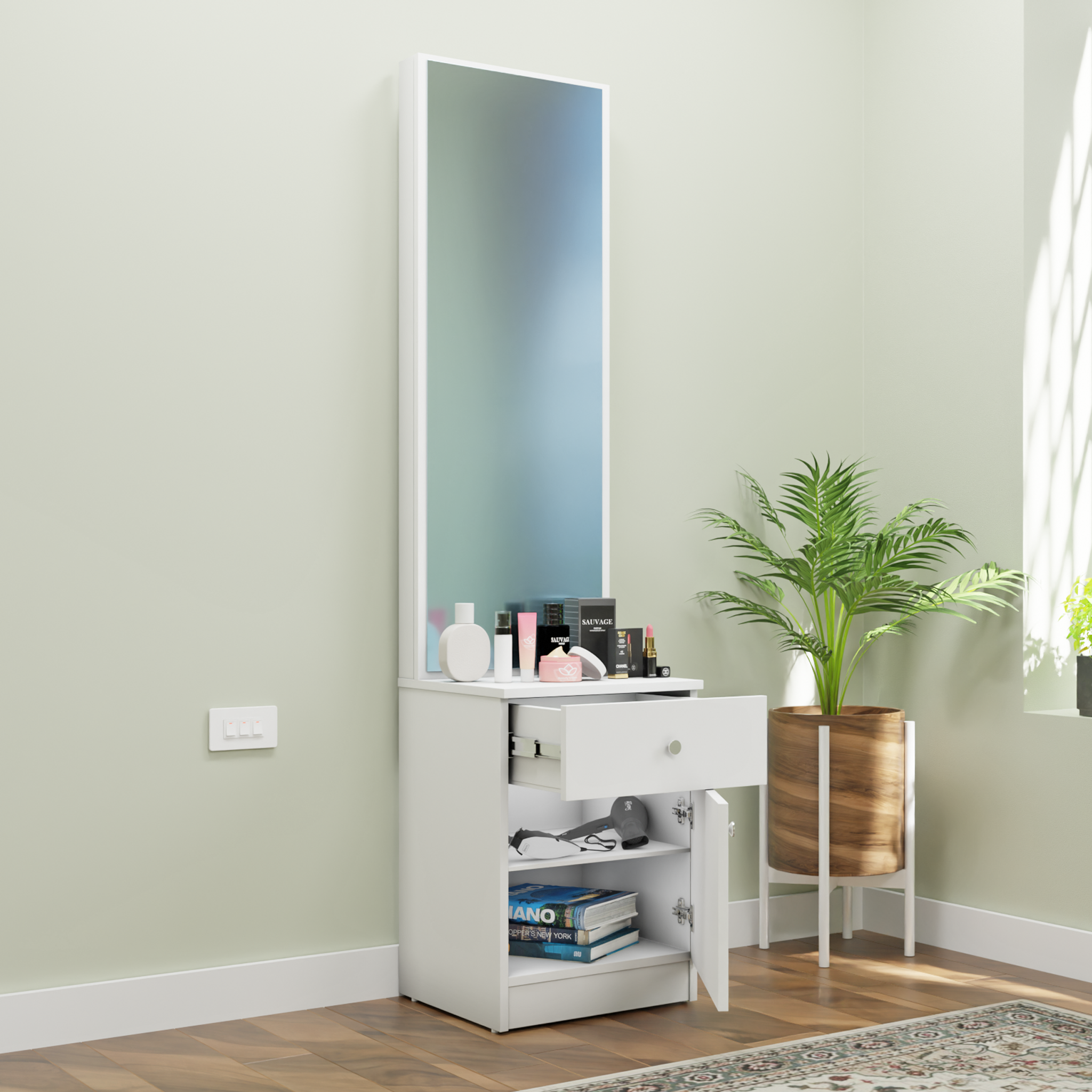 Dressing Table with Mirror Door | Door | Drawer & Open Shelves Dressing Table VIKI FURNITURE