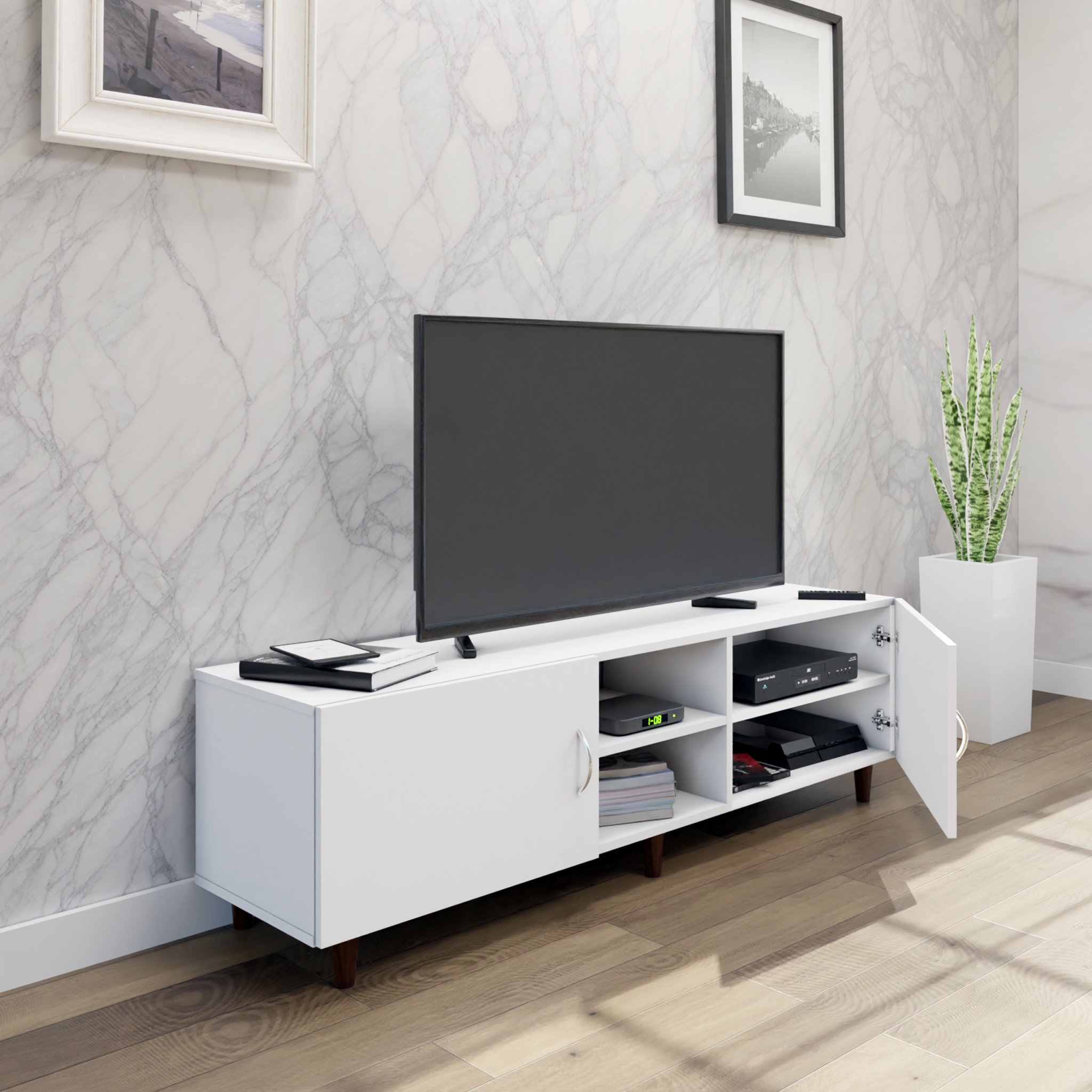 TV Unit | 2 Doors, Open Shelves | Single Color TV & Entertainment Unit VIKI FURNITURE