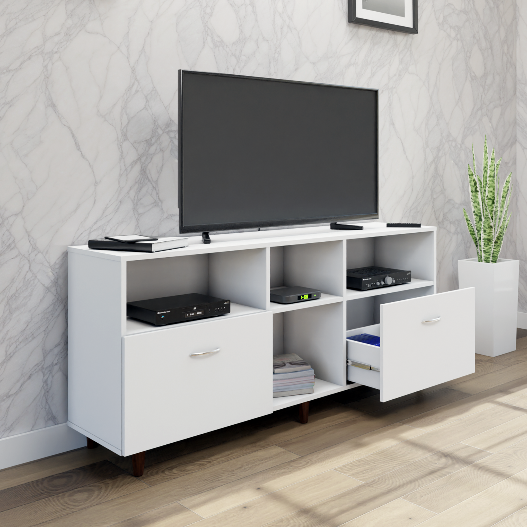 TV unit | 2 Drawers, Shelf & Open Shelves | Single Color TV & Entertainment Unit VIKI FURNITURE