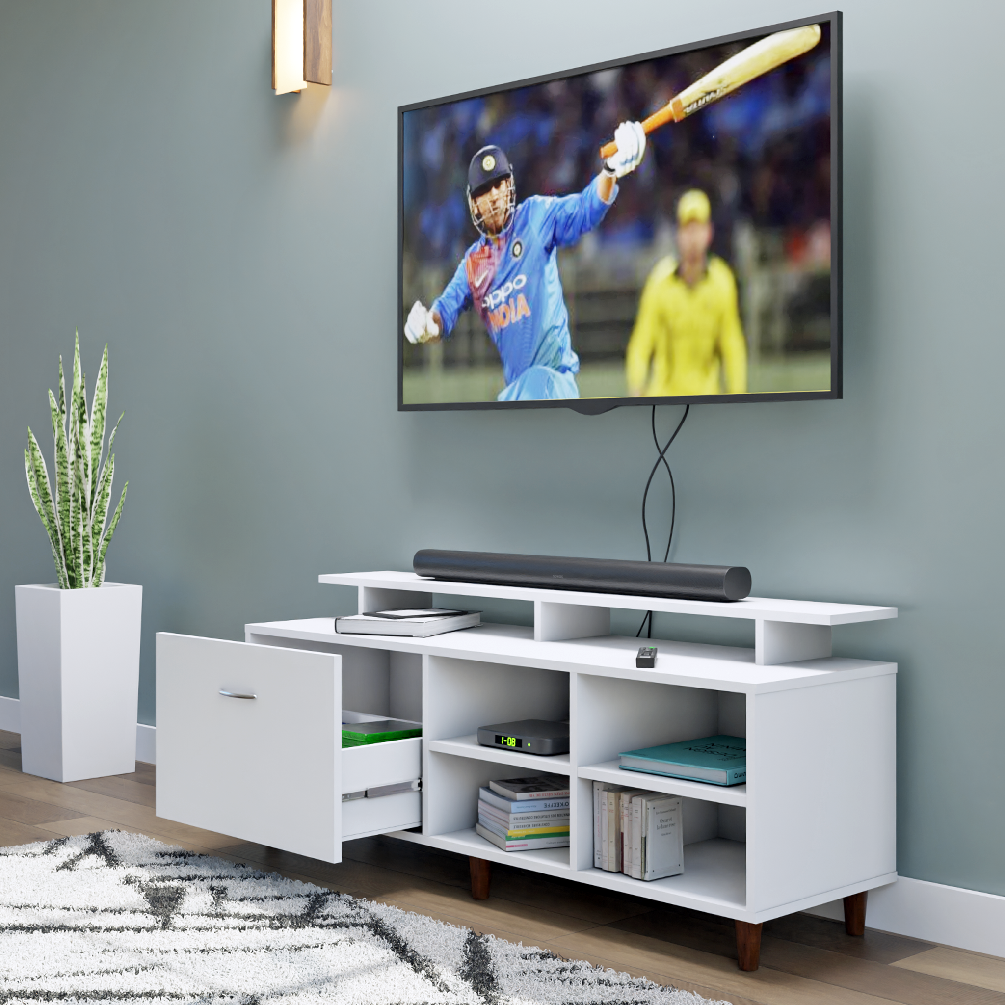 TV Unit | 1 Drawer, Open Shelves & Extension | Single Color TV & Entertainment Unit VIKI FURNITURE