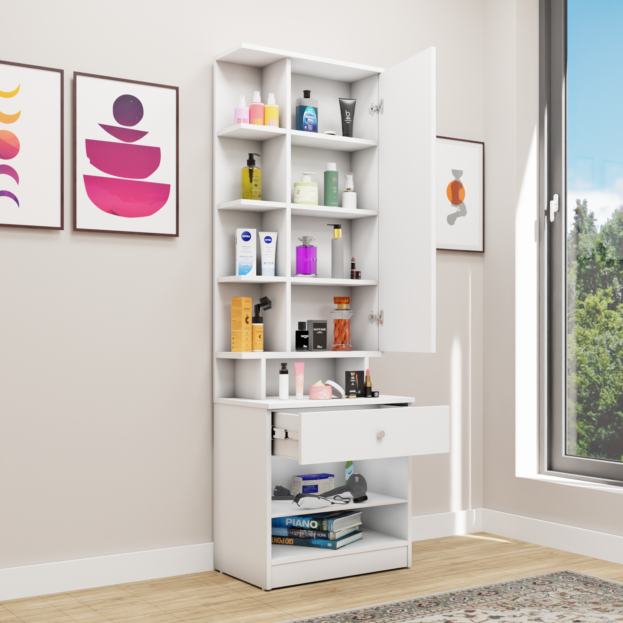 Dressing Table with Mirror Door | Door | Drawer & Open Shelves Dressing Table VIKI FURNITURE