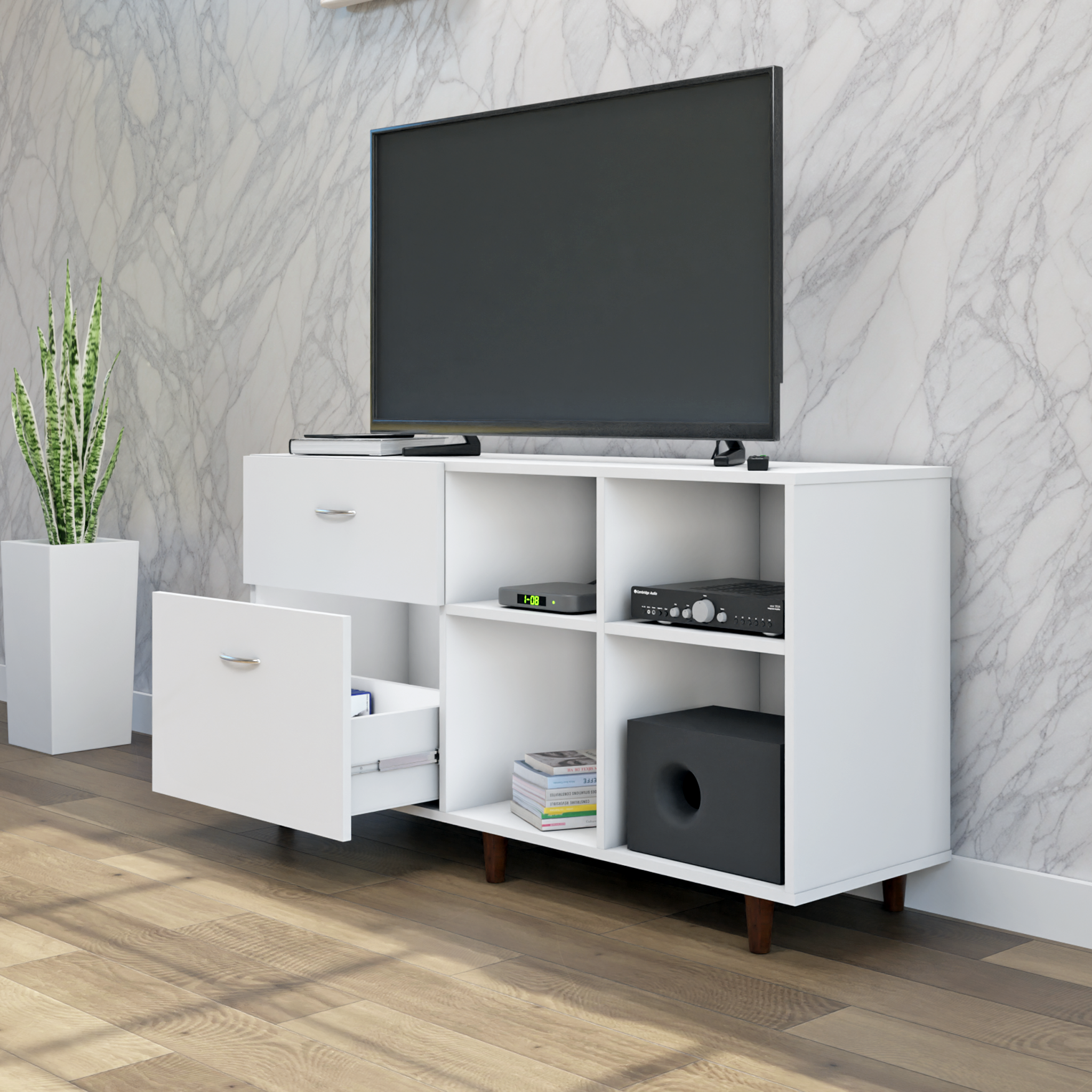 TV Unit | 2 Drawers, Shelf & Open Shelves | Single Color TV & Entertainment Unit VIKI FURNITURE