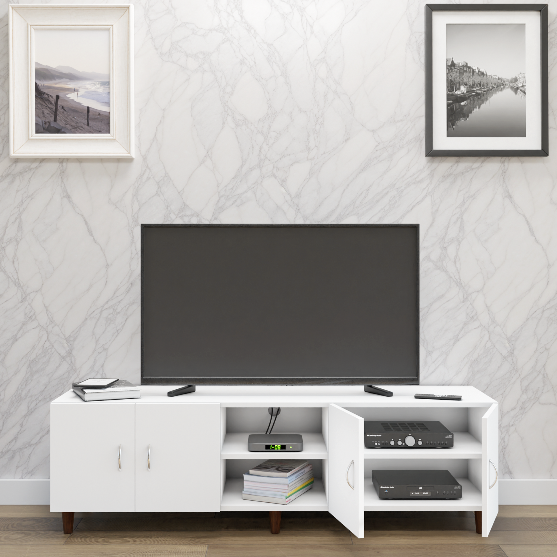 TV unit | 4 Doors, Open Shelves | Single Color TV & Entertainment Unit VIKI FURNITURE