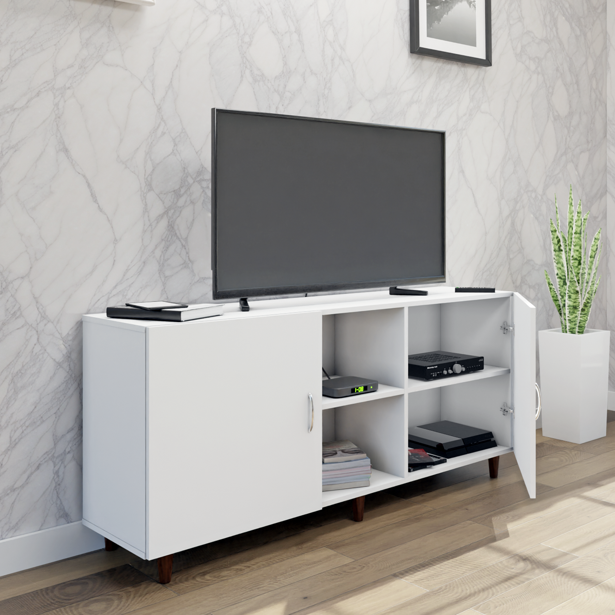 TV Unit | 2 Doors, Open Shelves | Single Color TV & Entertainment Unit VIKI FURNITURE