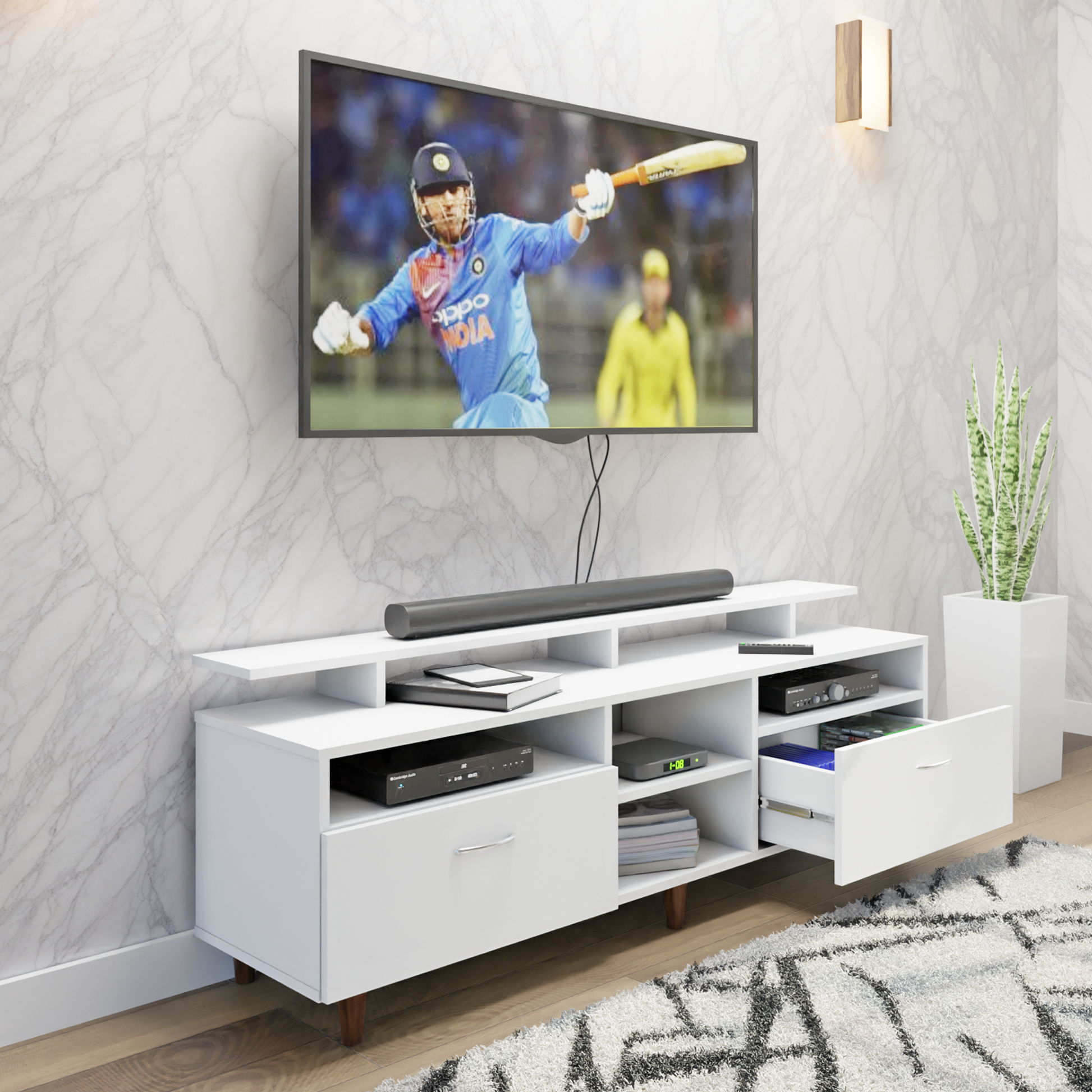 TV Unit | 2 Drawers, Open Shelves & Extension | Single Color TV & Entertainment Unit VIKI FURNITURE
