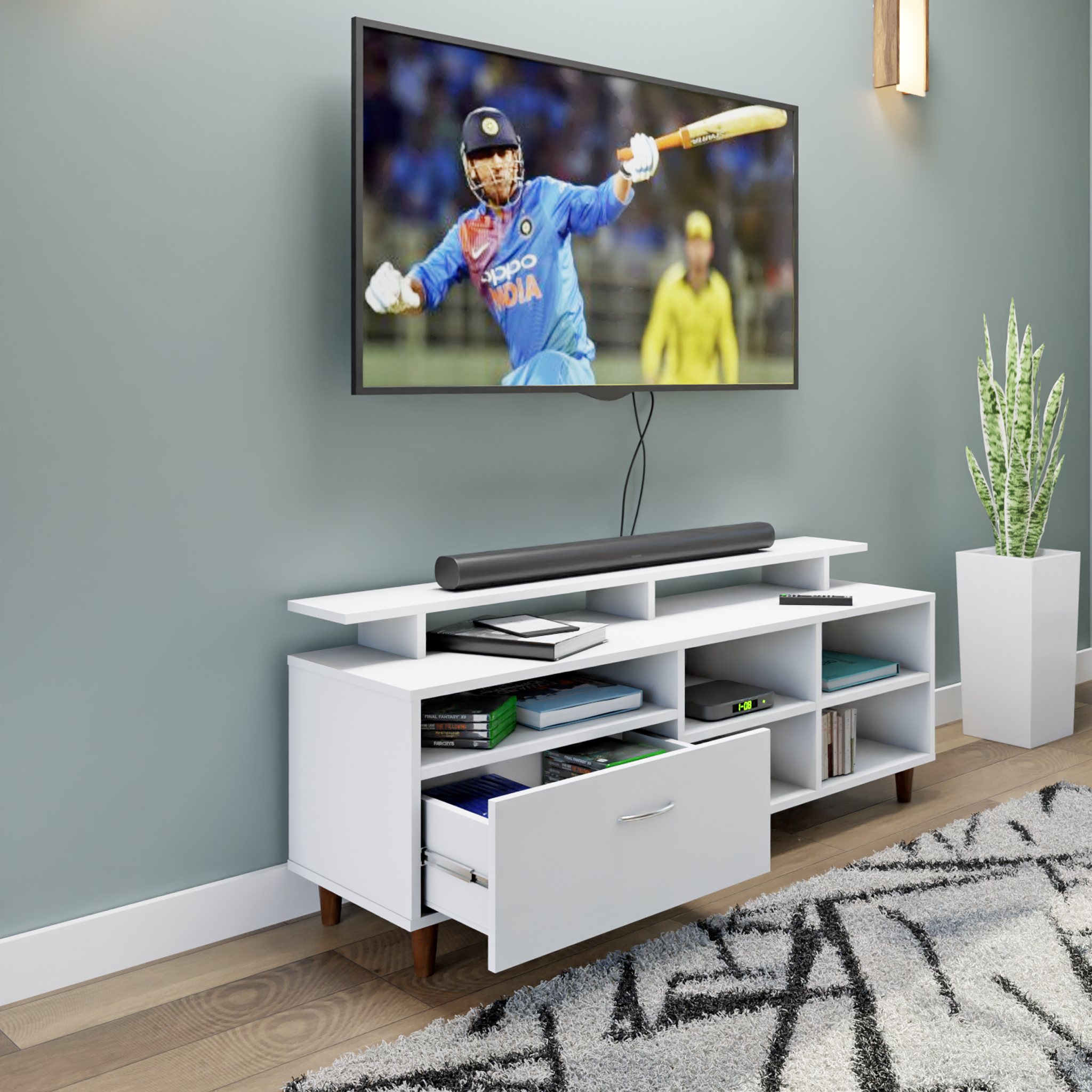 TV Unit | 1 Drawer, Shelf, Open Shelves & Extension | Single Color TV & Entertainment Unit VIKI FURNITURE