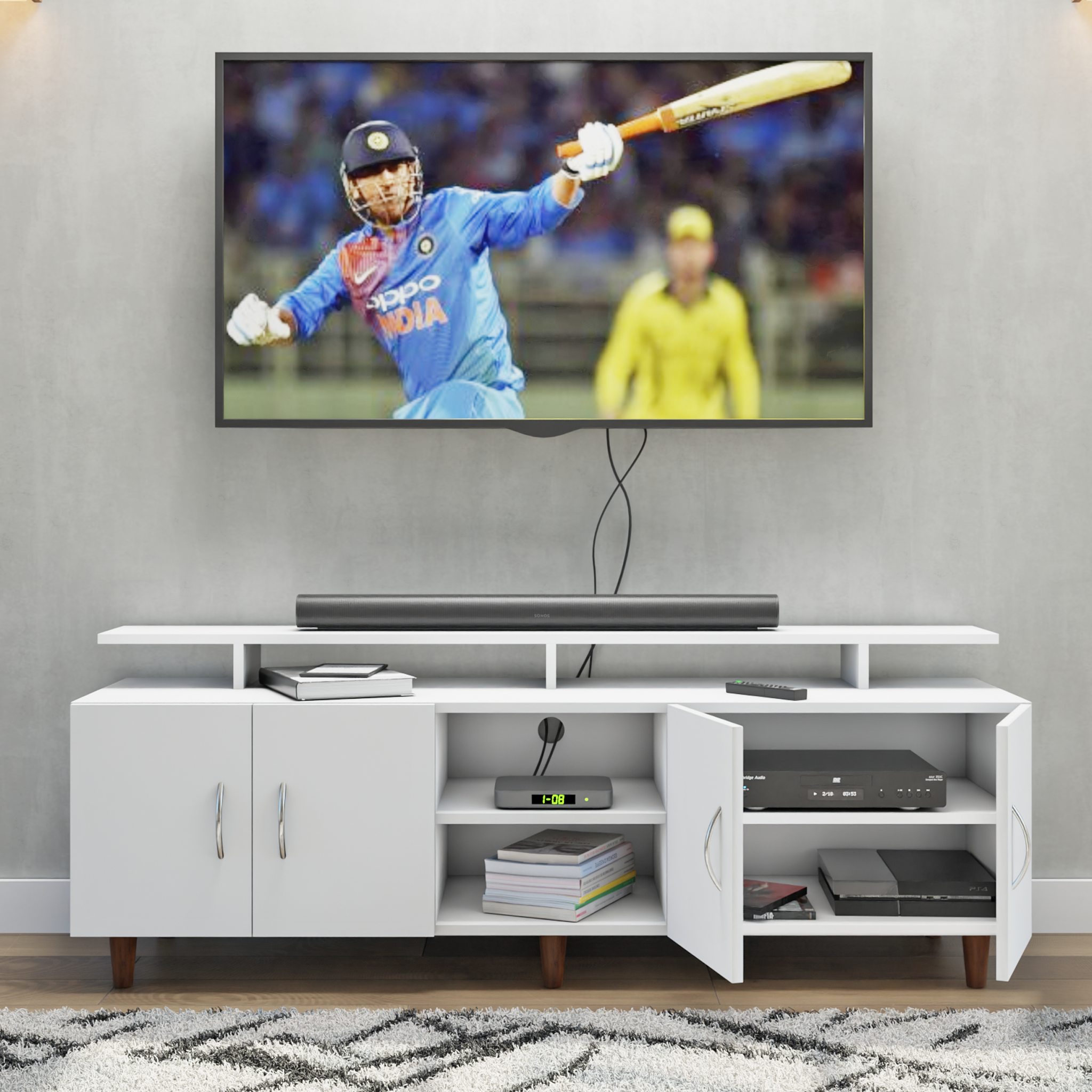 TV unit | 4 Doors, Open Shelves & Extension | Single Color TV & Entertainment Unit VIKI FURNITURE