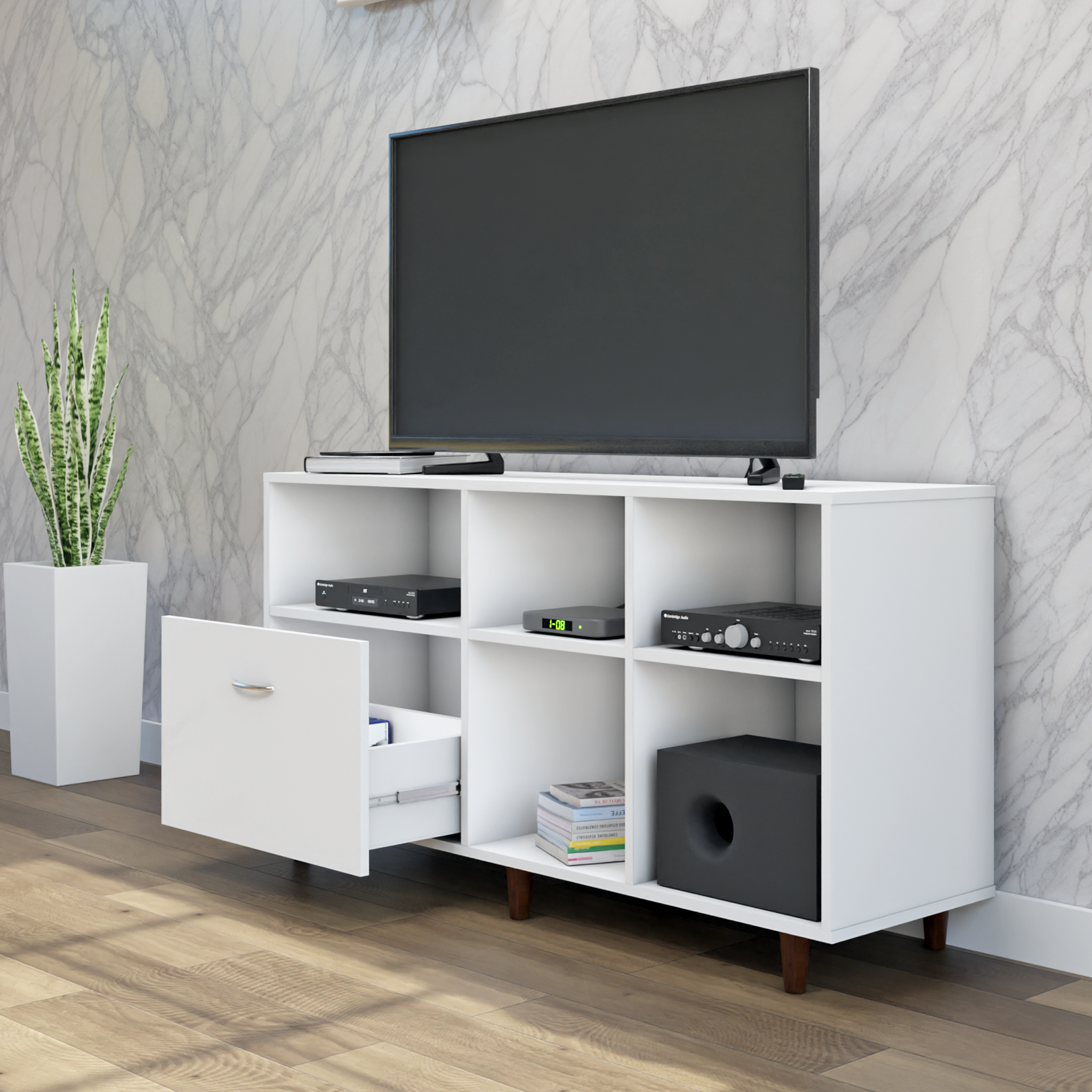 TV Unit | 1 Drawer, Shelf & Open Shelves | Single Color TV & Entertainment Unit VIKI FURNITURE