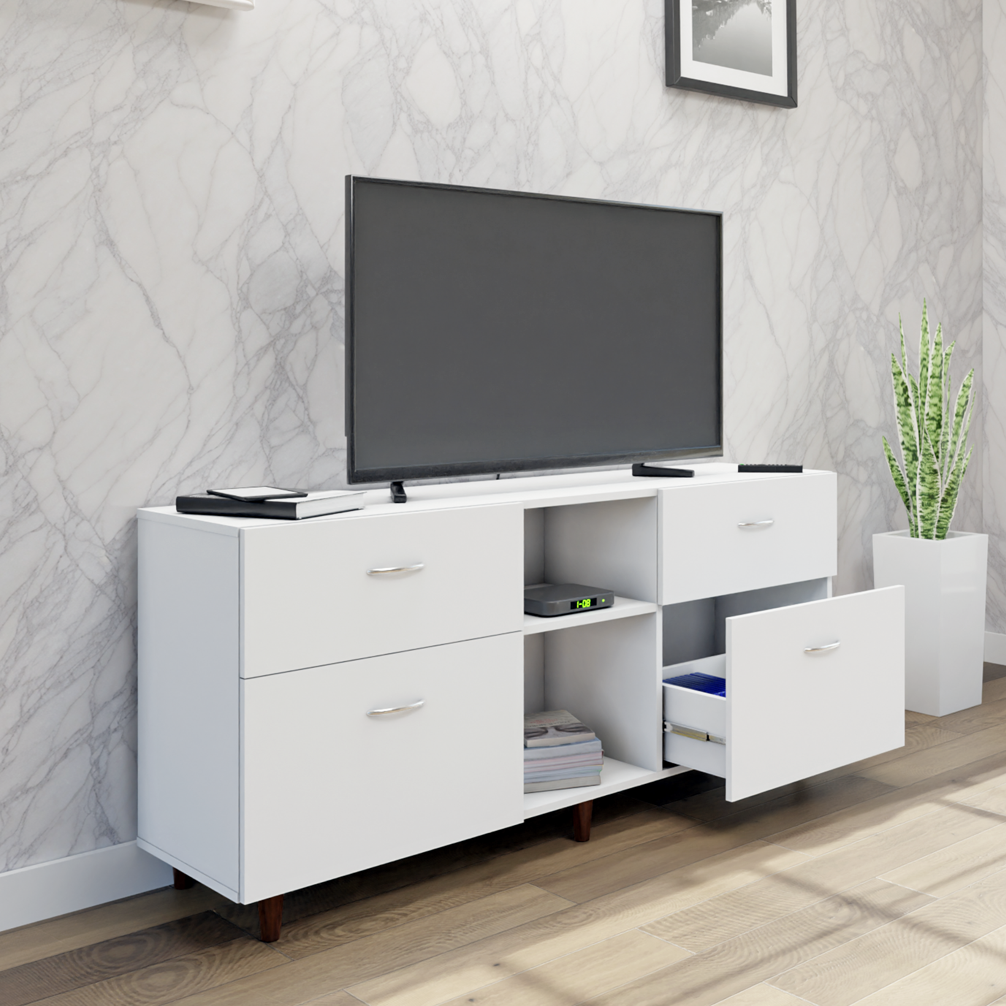 TV unit | 4 Drawers, Open Shelves | Single Color TV & Entertainment Unit VIKI FURNITURE