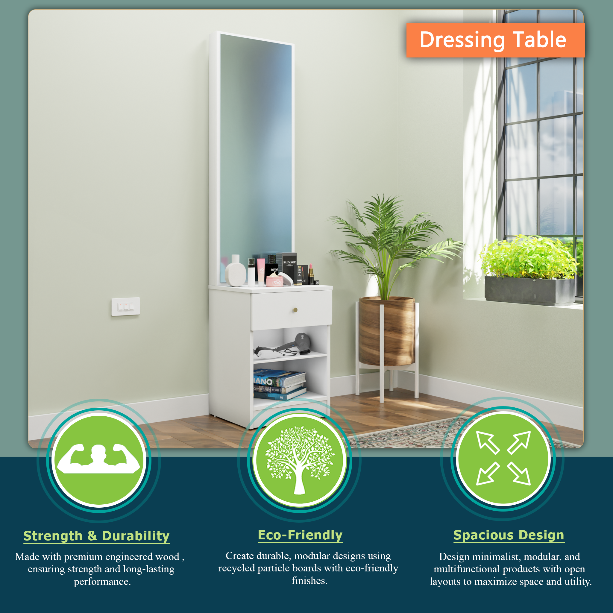 Dressing Table with Mirror Door | Drawer & Open Shelves Dressing Table VIKI FURNITURE