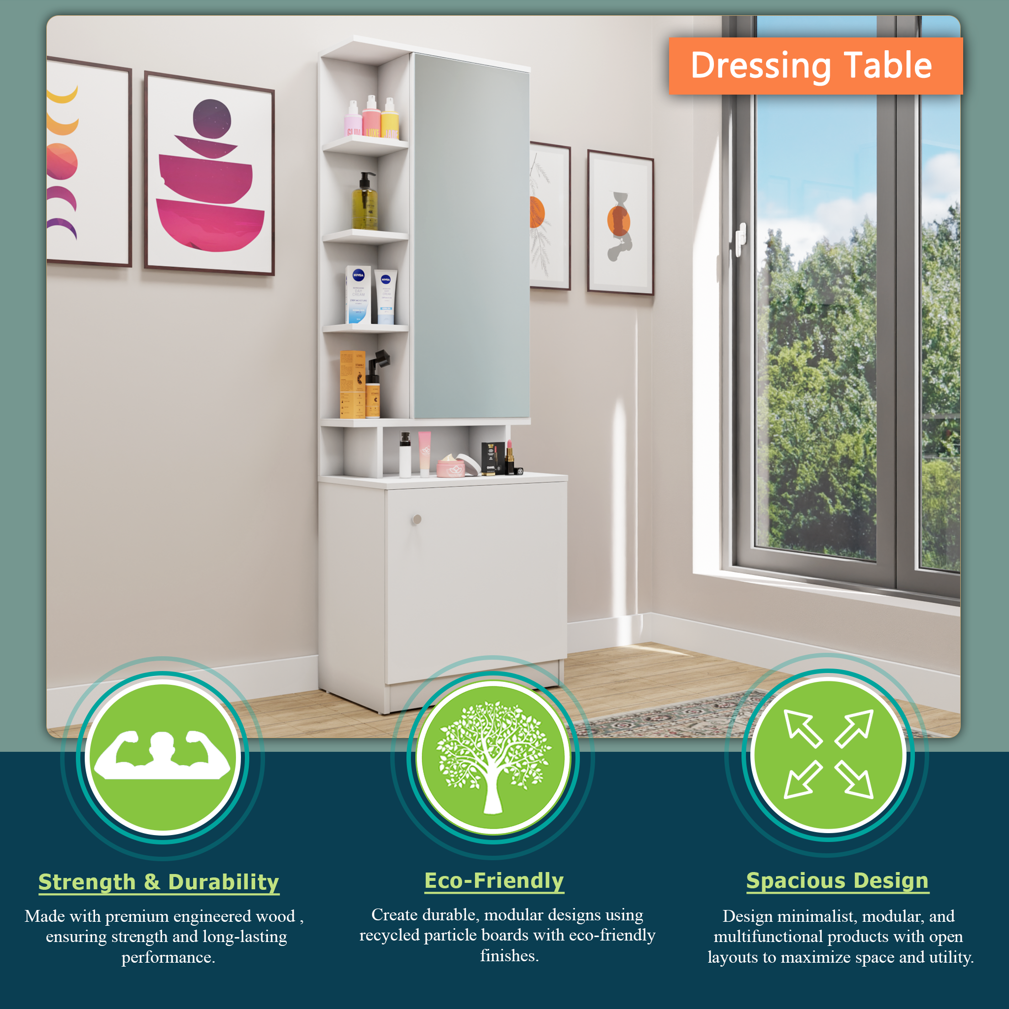 Dressing Table with Mirror Door | Drawer & Open Shelves Dressing Table VIKI FURNITURE