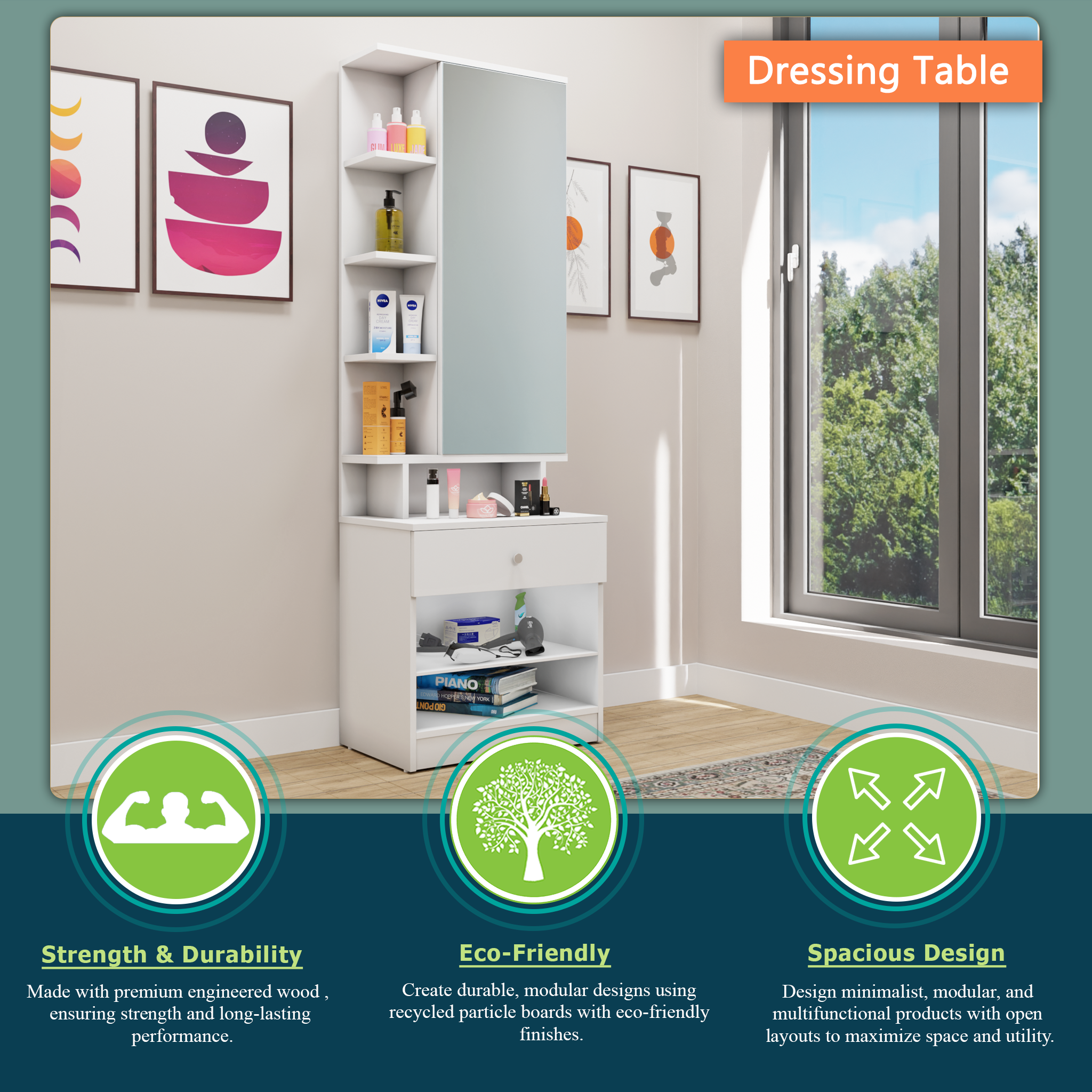 Dressing Table with Mirror Door | Door | Drawer & Open Shelves Dressing Table VIKI FURNITURE