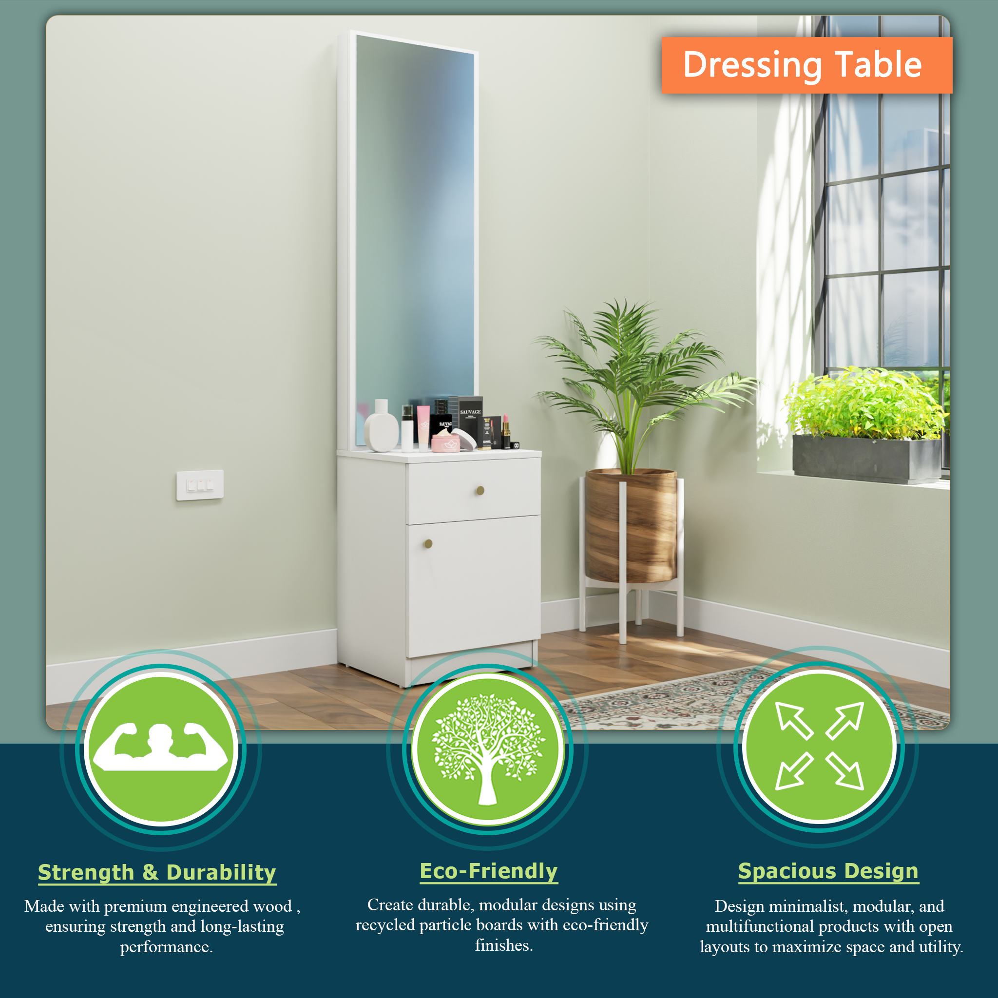 Dressing Table with Mirror Door | Door | Drawer & Open Shelves Dressing Table VIKI FURNITURE