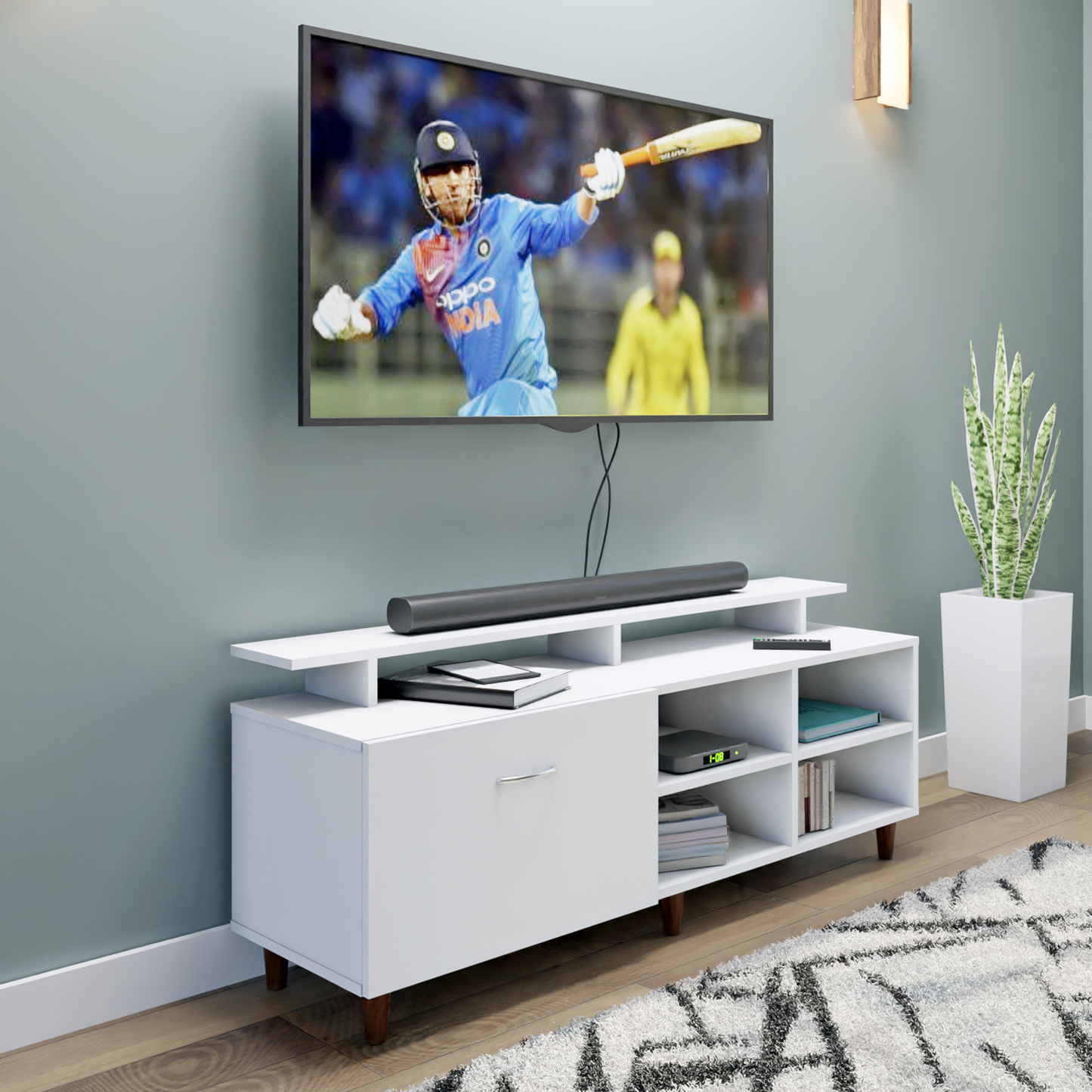 TV Unit | 1 Drawer, Open Shelves & Extension | Single Color TV & Entertainment Unit VIKI FURNITURE Frosty White