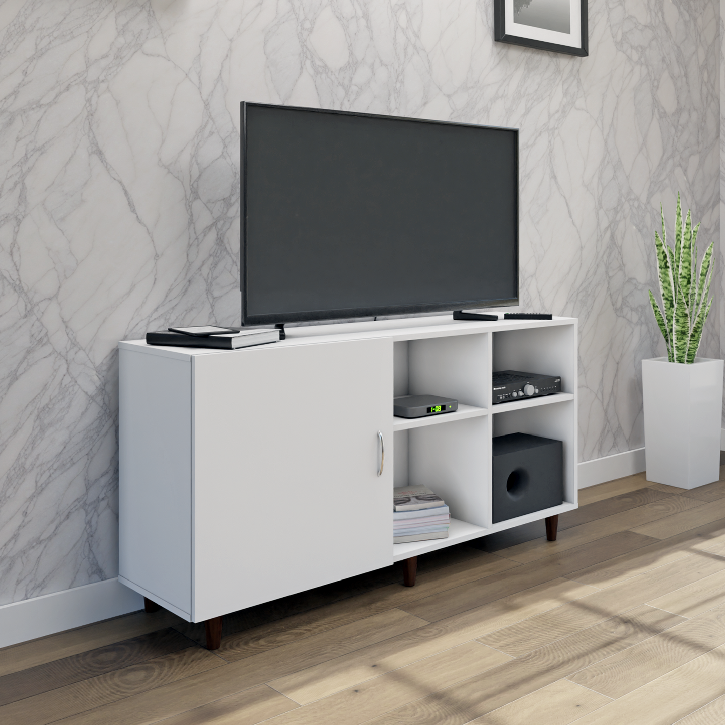 TV Unit | 1 Door, Open Shelves | Single Color TV & Entertainment Unit VIKI FURNITURE Frosty White