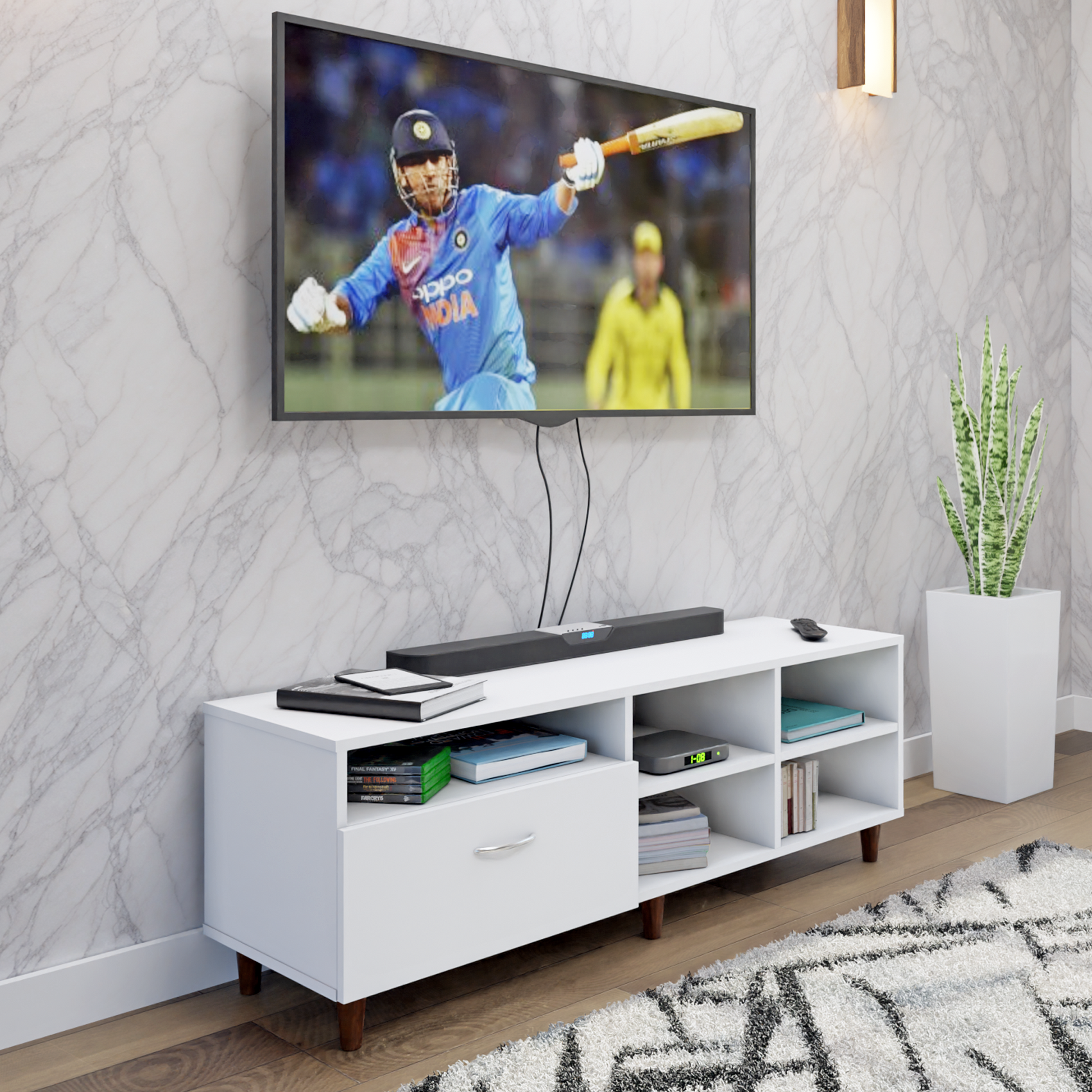 TV Unit | 1 Drawer, Shelf, Open Shelves | Single Color TV & Entertainment Unit VIKI FURNITURE Frosty White