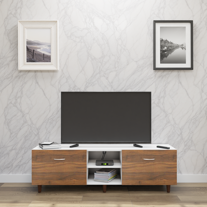 TV Unit | Drawers, Open Shelf | Dual Color TV & Entertainment Unit VIKI FURNITURE Frosty White with Brussel Walnut