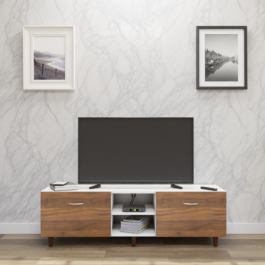 TV Unit | Drawers, Open Shelf | Dual Color TV & Entertainment Unit VIKI FURNITURE Frosty White with Brussel Walnut