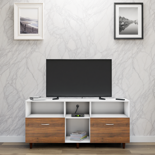 TV unit | 2 Drawers, Shelf & Open Shelves | Dual Color TV & Entertainment Unit VIKI FURNITURE Frosty White with Brussel Walnut