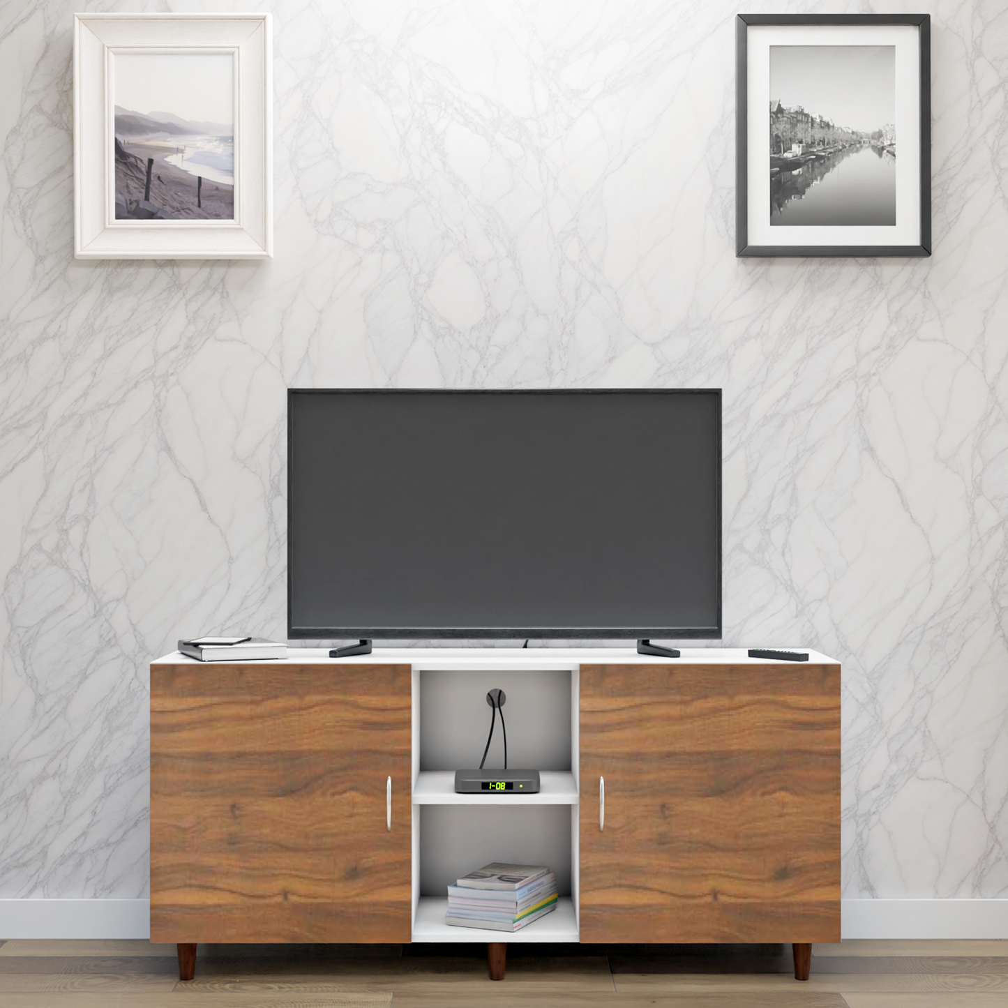 TV Unit | 2 Doors, Open Shelves | Dual Color TV & Entertainment Unit VIKI FURNITURE Frosty White with Brussel Walnut