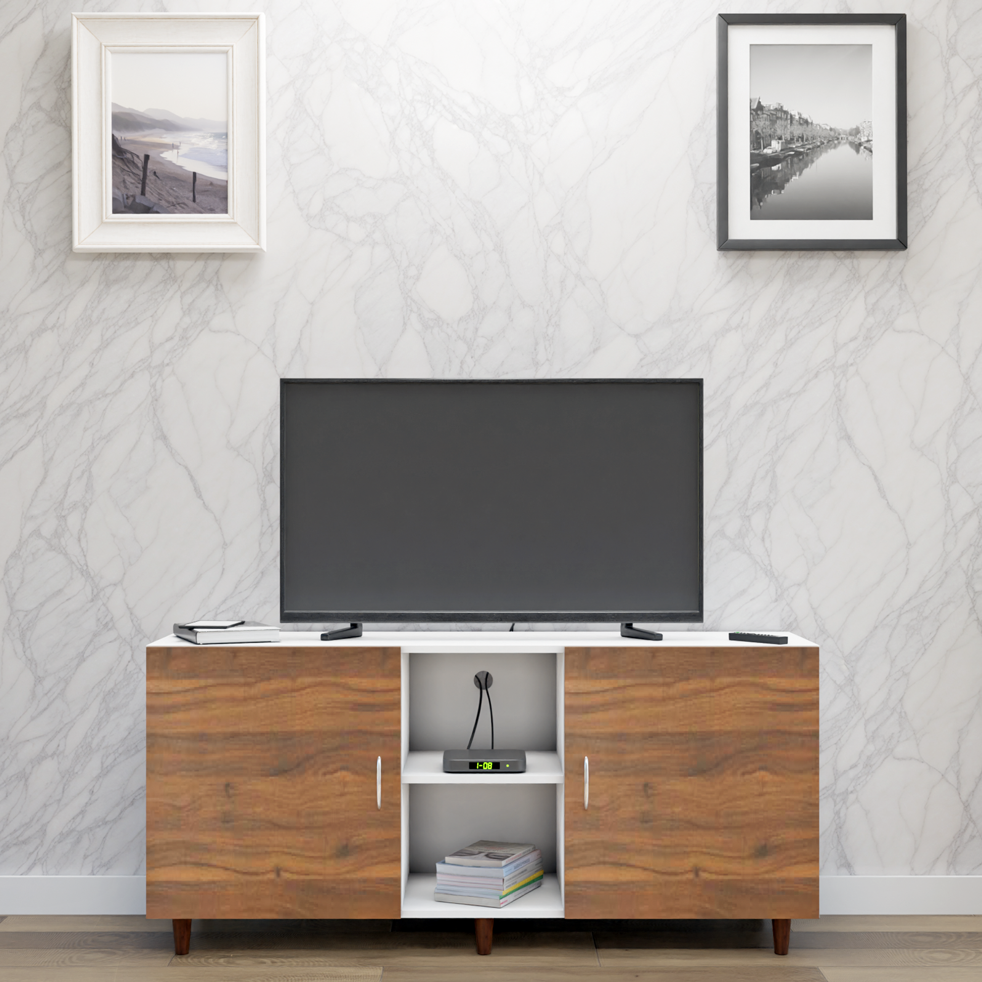 TV Unit | 2 Doors, Open Shelves | Dual Color TV & Entertainment Unit VIKI FURNITURE Frosty White with Brussel Walnut