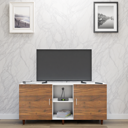 TV Unit | 2 Doors, Open Shelves | Dual Color TV & Entertainment Unit VIKI FURNITURE Frosty White with Brussel Walnut