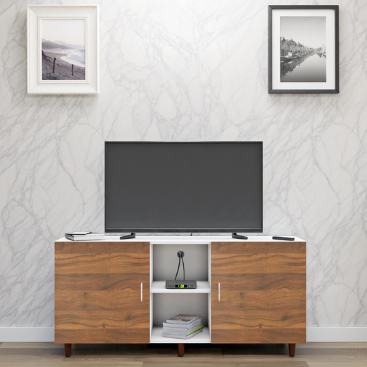 TV Unit | 2 Doors, Open Shelves | Dual Color TV & Entertainment Unit VIKI FURNITURE Frosty White with Brussel Walnut