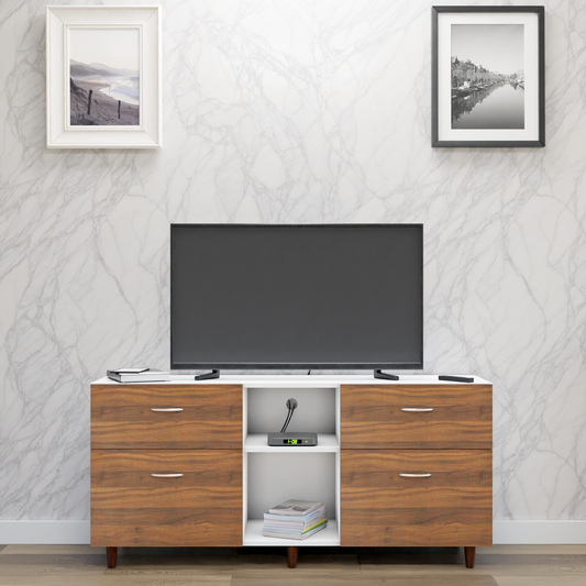TV unit | 4 Drawers, Open Shelves | Dual Color TV & Entertainment Unit VIKI FURNITURE Frosty White with Brussel Walnut