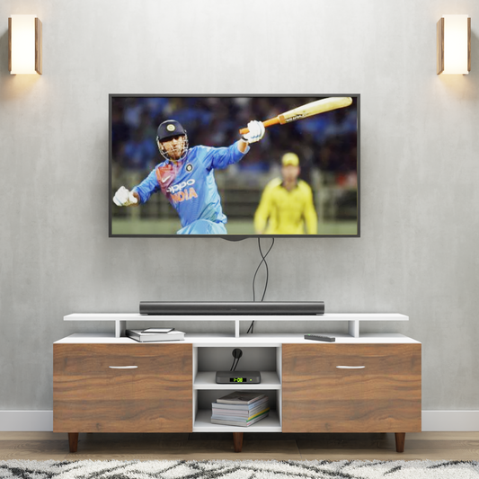 TV Unit | Drawers, Open Shelf & Extension | Dual Color TV & Entertainment Unit VIKI FURNITURE Frosty White with Brussel Walnut