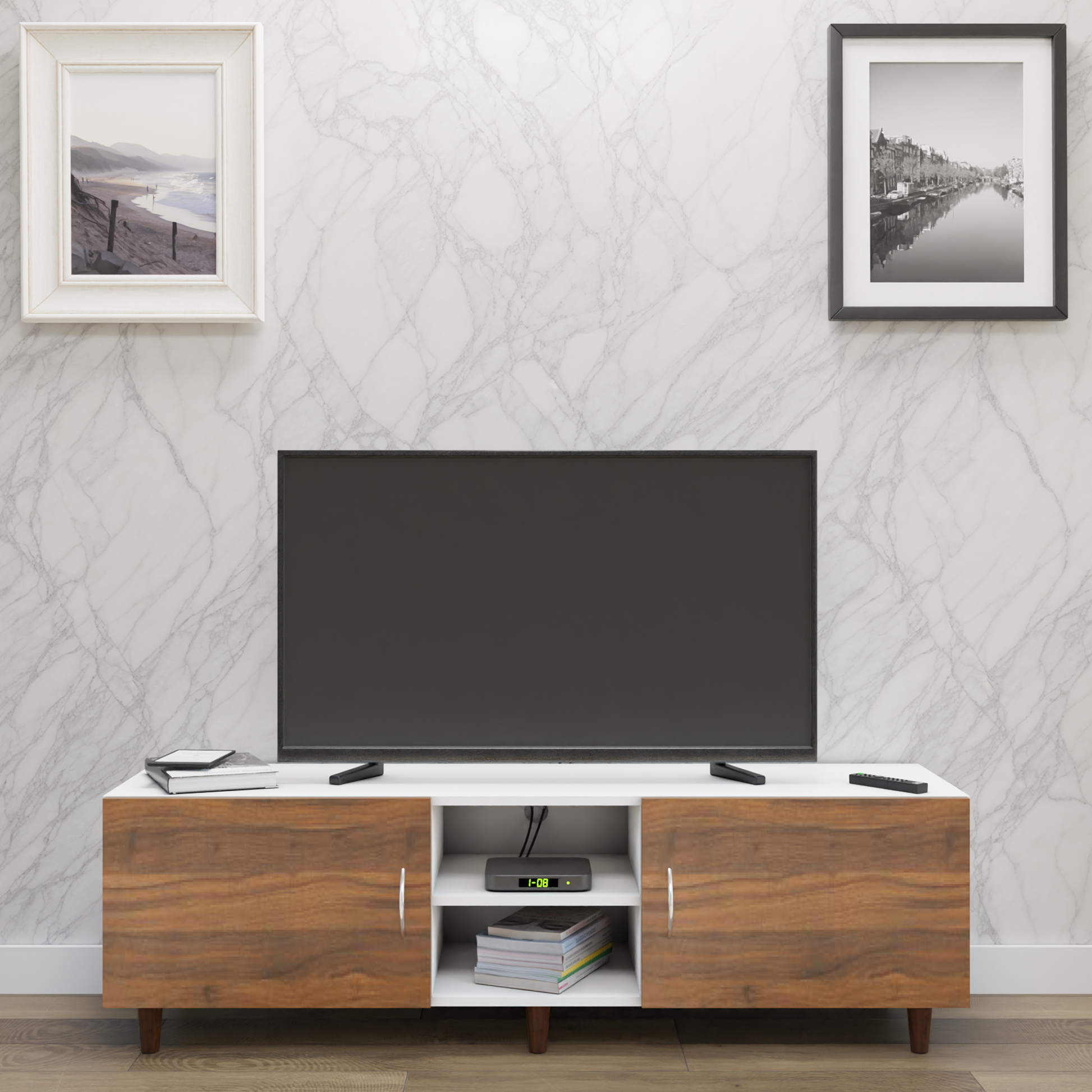 TV Unit | 2 Doors, Open Shelves | Dual Color TV & Entertainment Unit VIKI FURNITURE Frosty White with Brussel Walnut