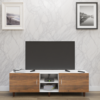 TV Unit | 2 Doors, Open Shelves | Dual Color TV & Entertainment Unit VIKI FURNITURE Frosty White with Brussel Walnut