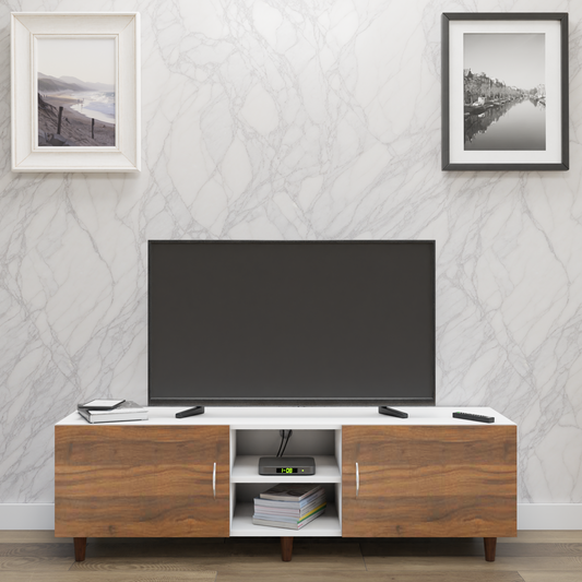 TV Unit | 2 Doors, Open Shelves | Dual Color TV & Entertainment Unit VIKI FURNITURE Frosty White with Brussel Walnut