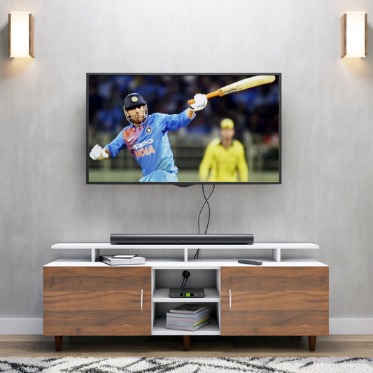 TV unit | 2 Doors, Open Shelves & Extension | Dual Color TV & Entertainment Unit VIKI FURNITURE Frosty White with Brussel Walnut