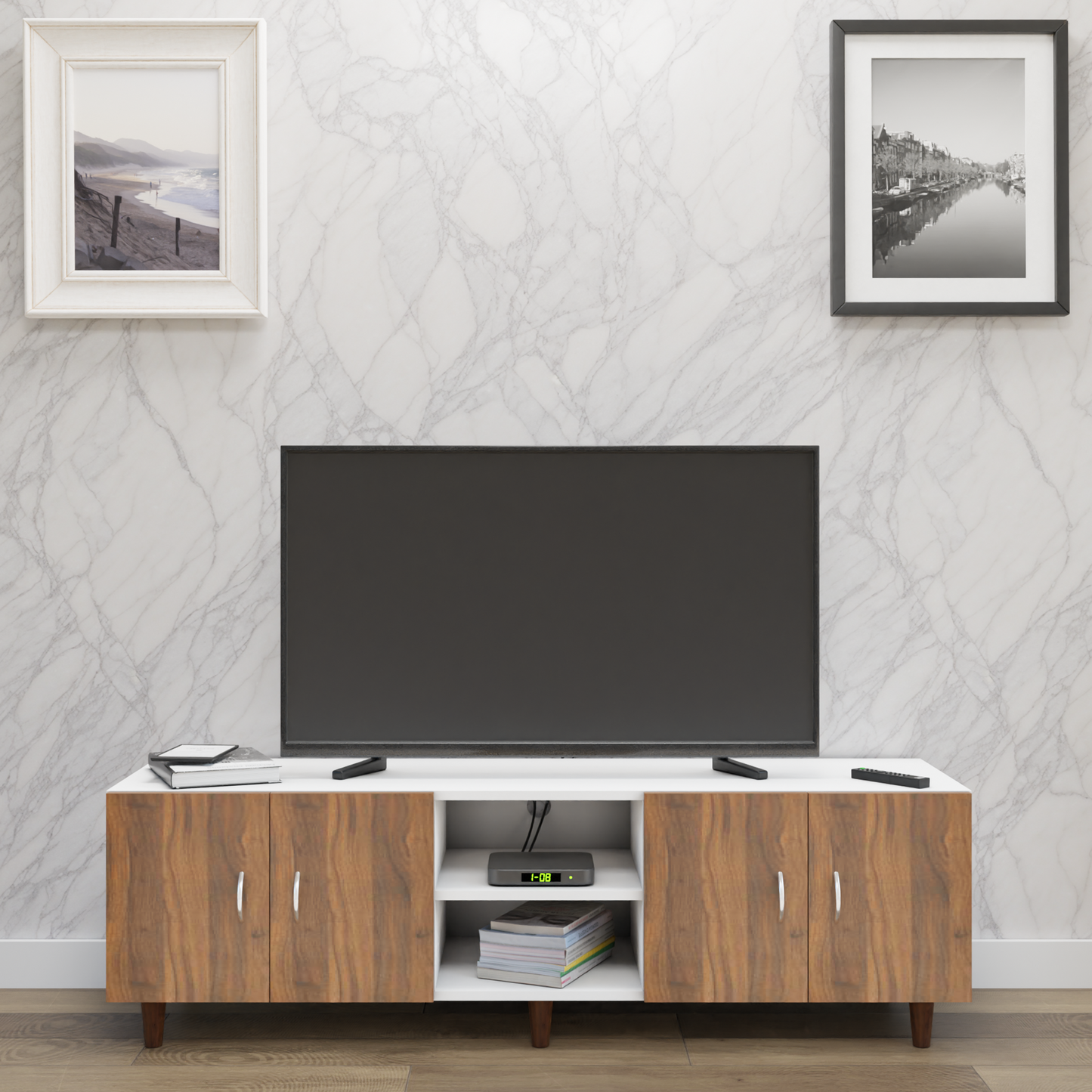 TV unit | 4 Doors, Open Shelves | Dual Color TV & Entertainment Unit VIKI FURNITURE Frosty White with Brussel Walnut